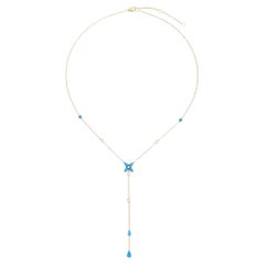 Turquoise Enamel Flower 14K (or 18k upon request) Yellow Gold Lariat Necklace