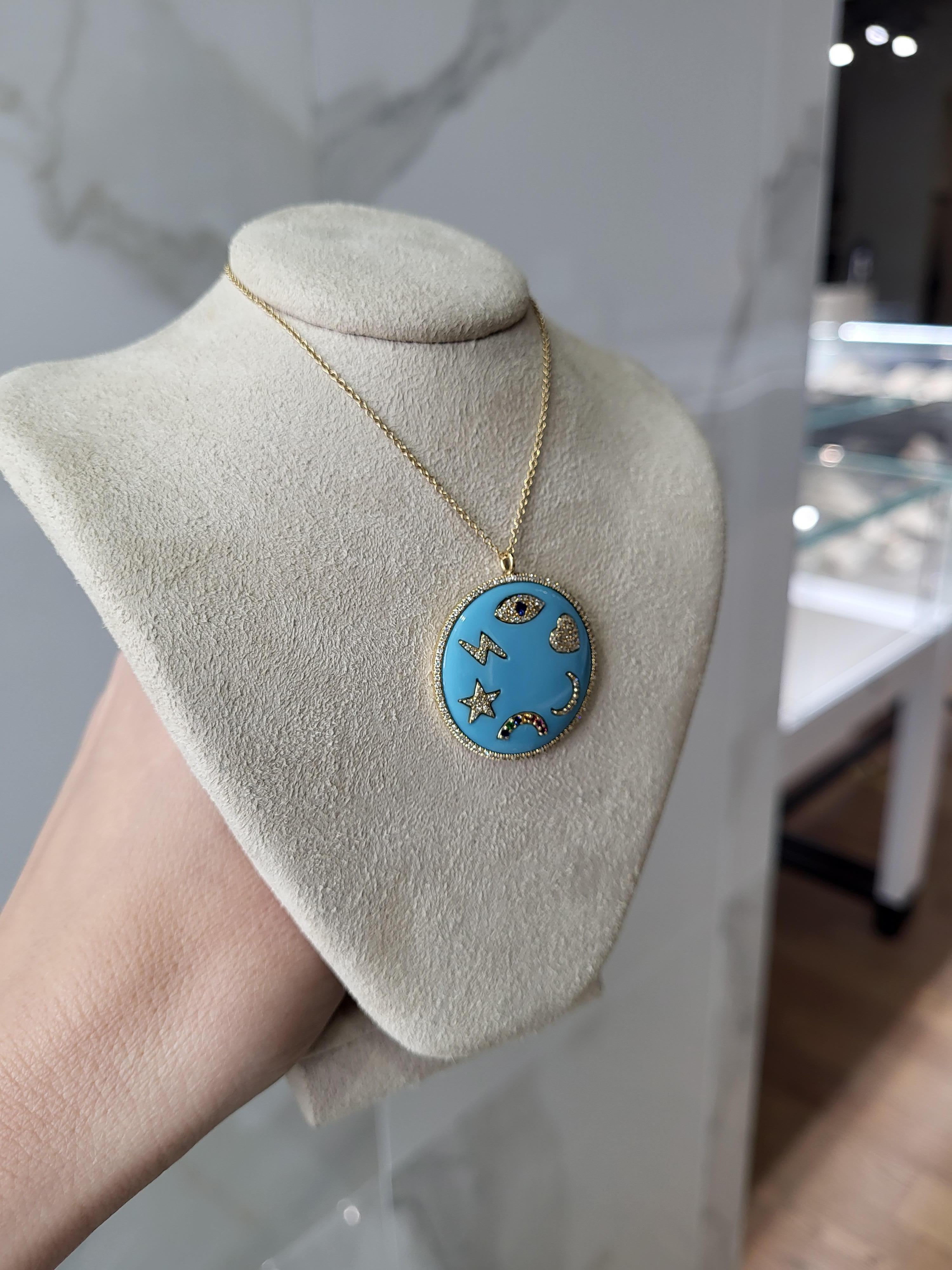 Turquoise Enamel Multi Symbols Medallion Necklace For Sale 5
