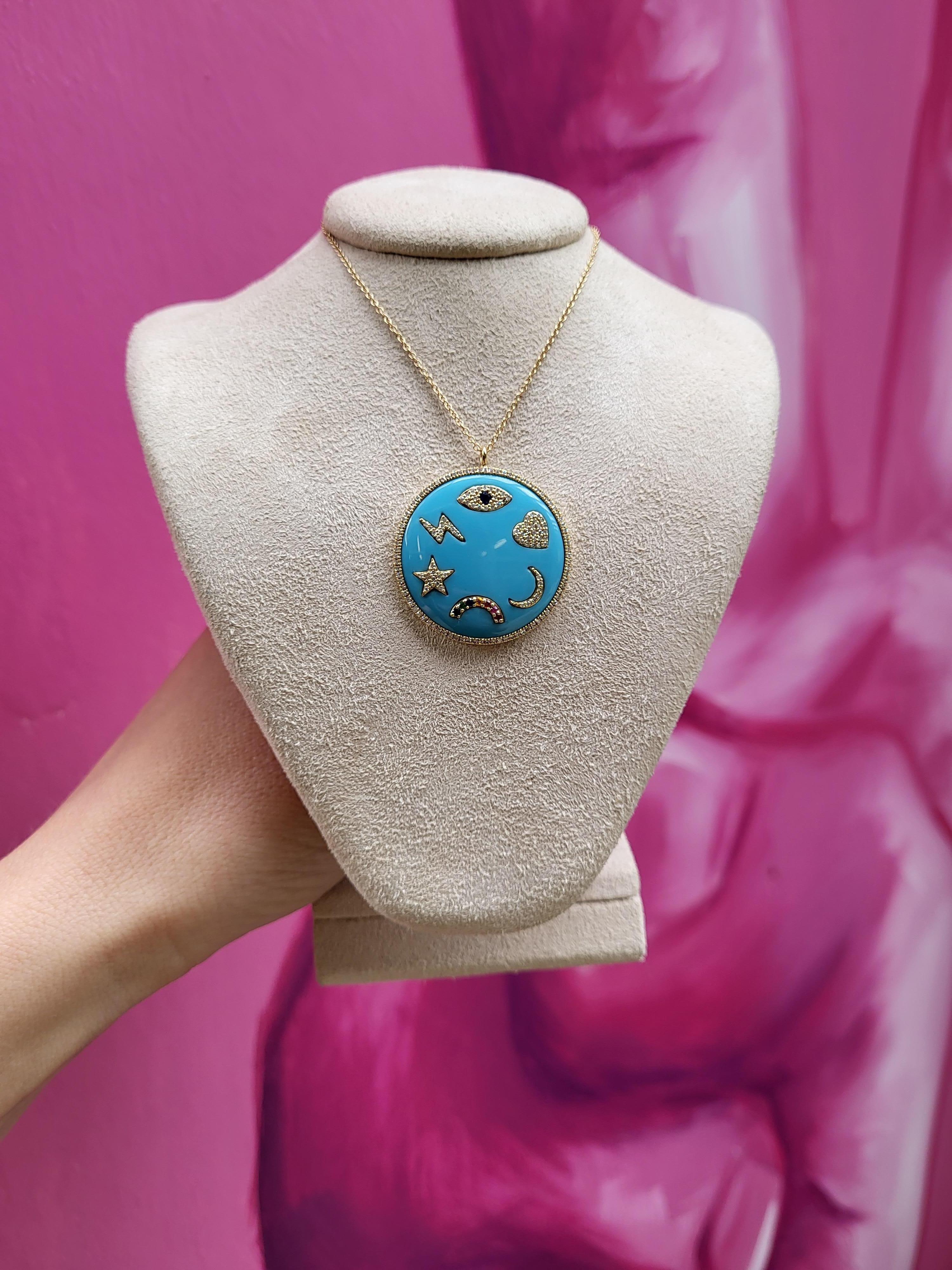 Turquoise Enamel Multi Symbols Medallion Necklace For Sale 6