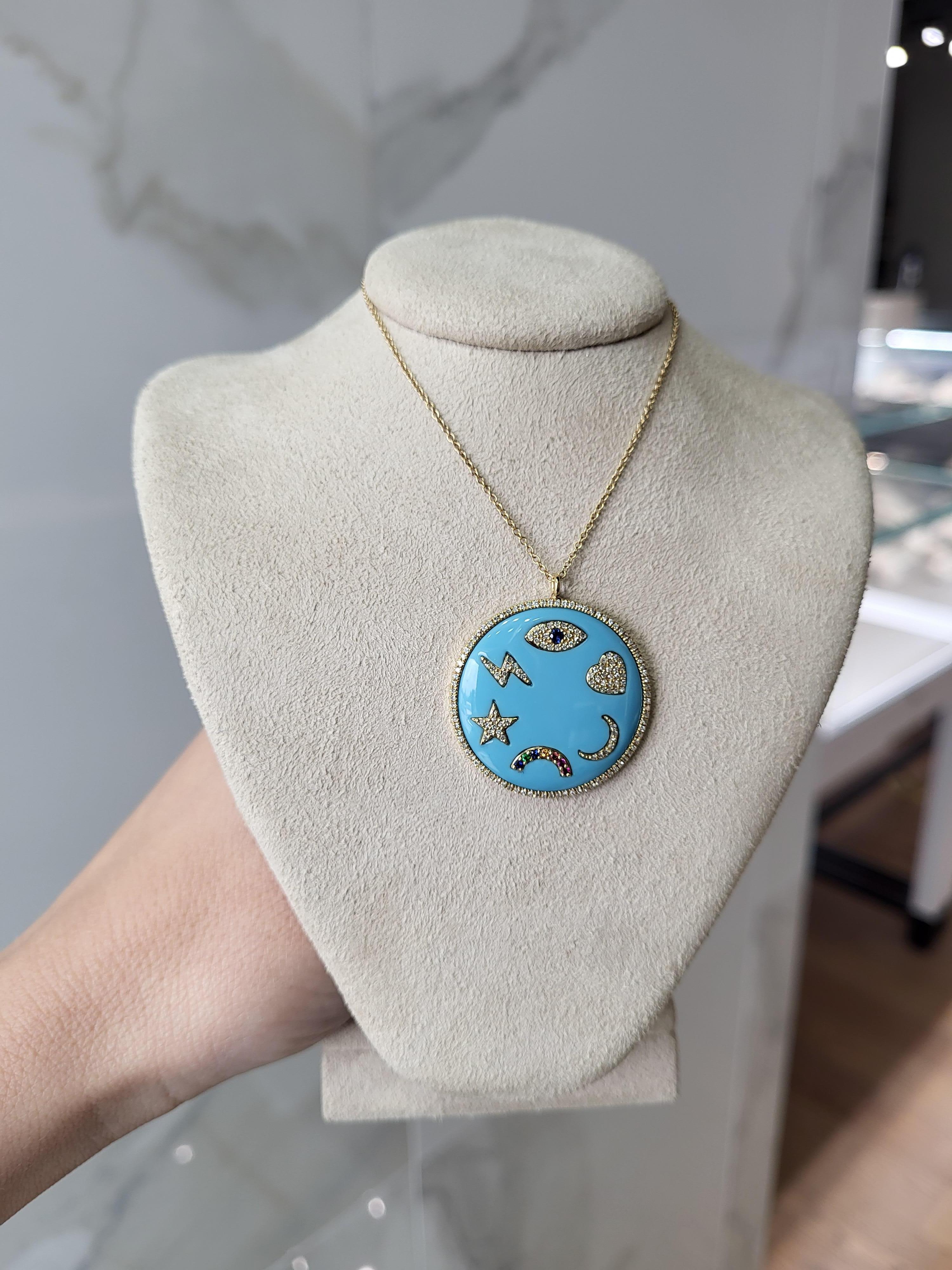 Turquoise Enamel Multi Symbols Medallion Necklace For Sale 7