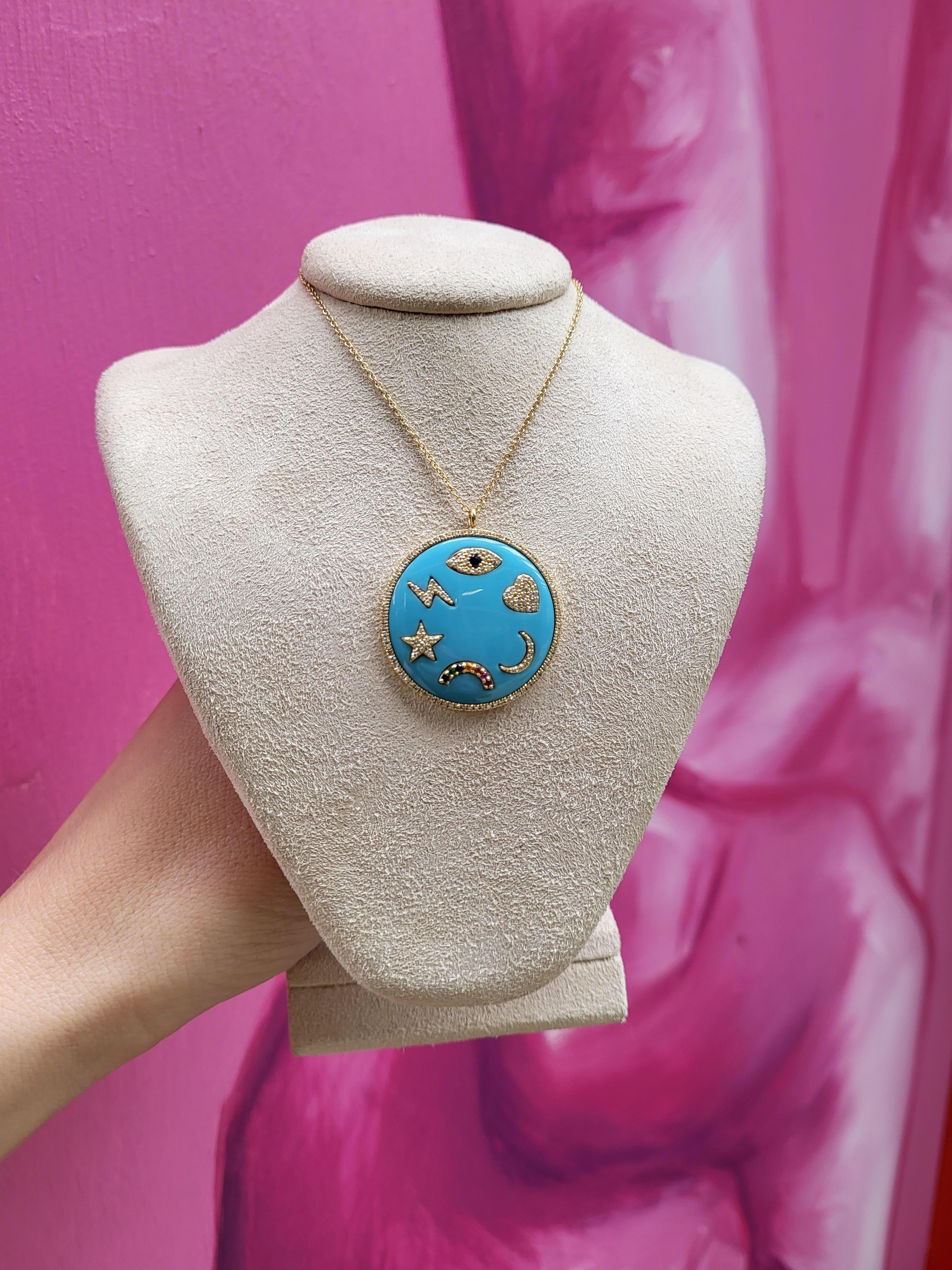 Turquoise Enamel Multi Symbols Medallion Necklace For Sale 8