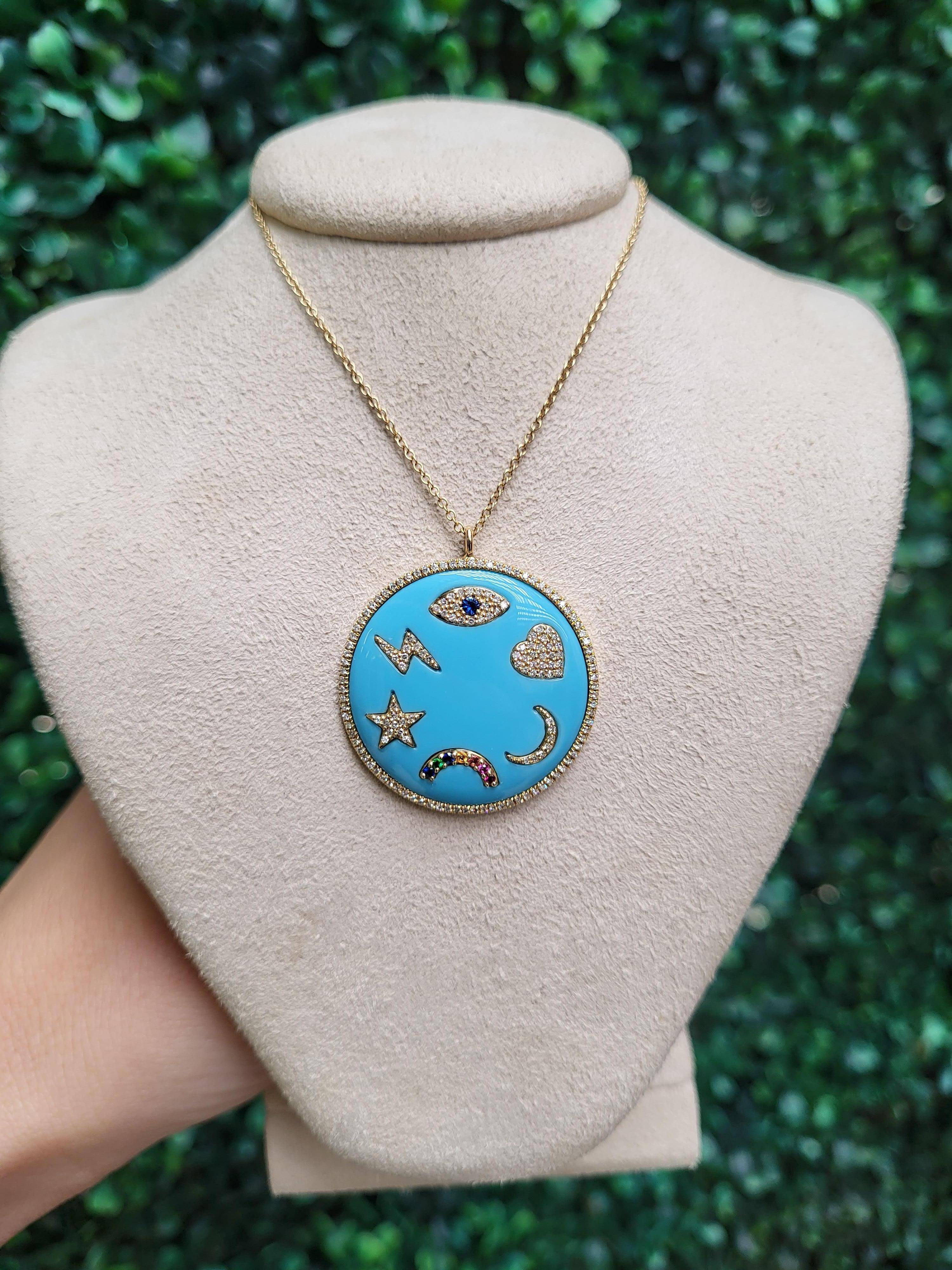 Turquoise Enamel Multi Symbols Medallion Necklace For Sale 9