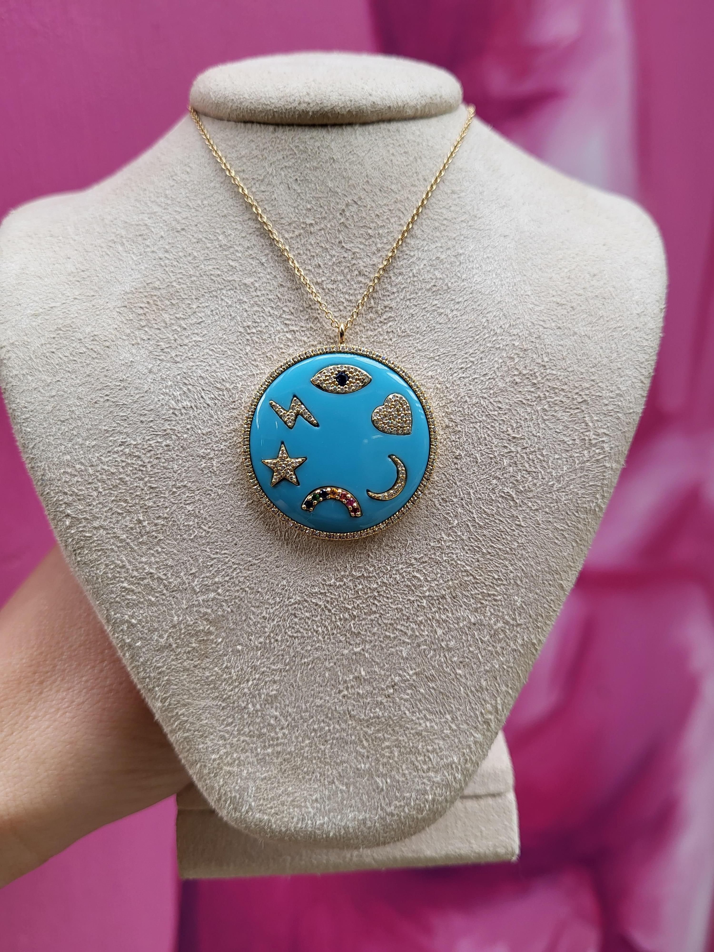 Turquoise Enamel Multi Symbols Medallion Necklace For Sale 10
