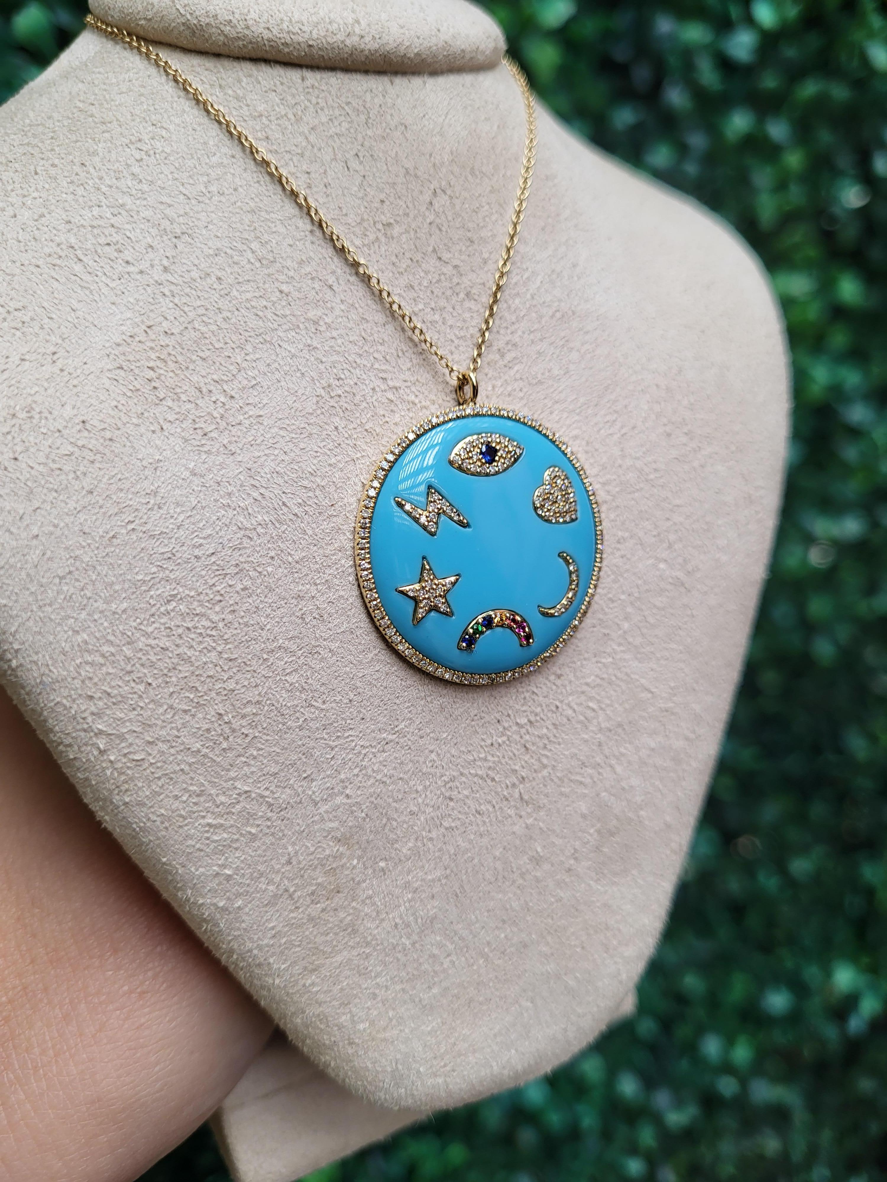 Turquoise Enamel Multi Symbols Medallion Necklace For Sale 11