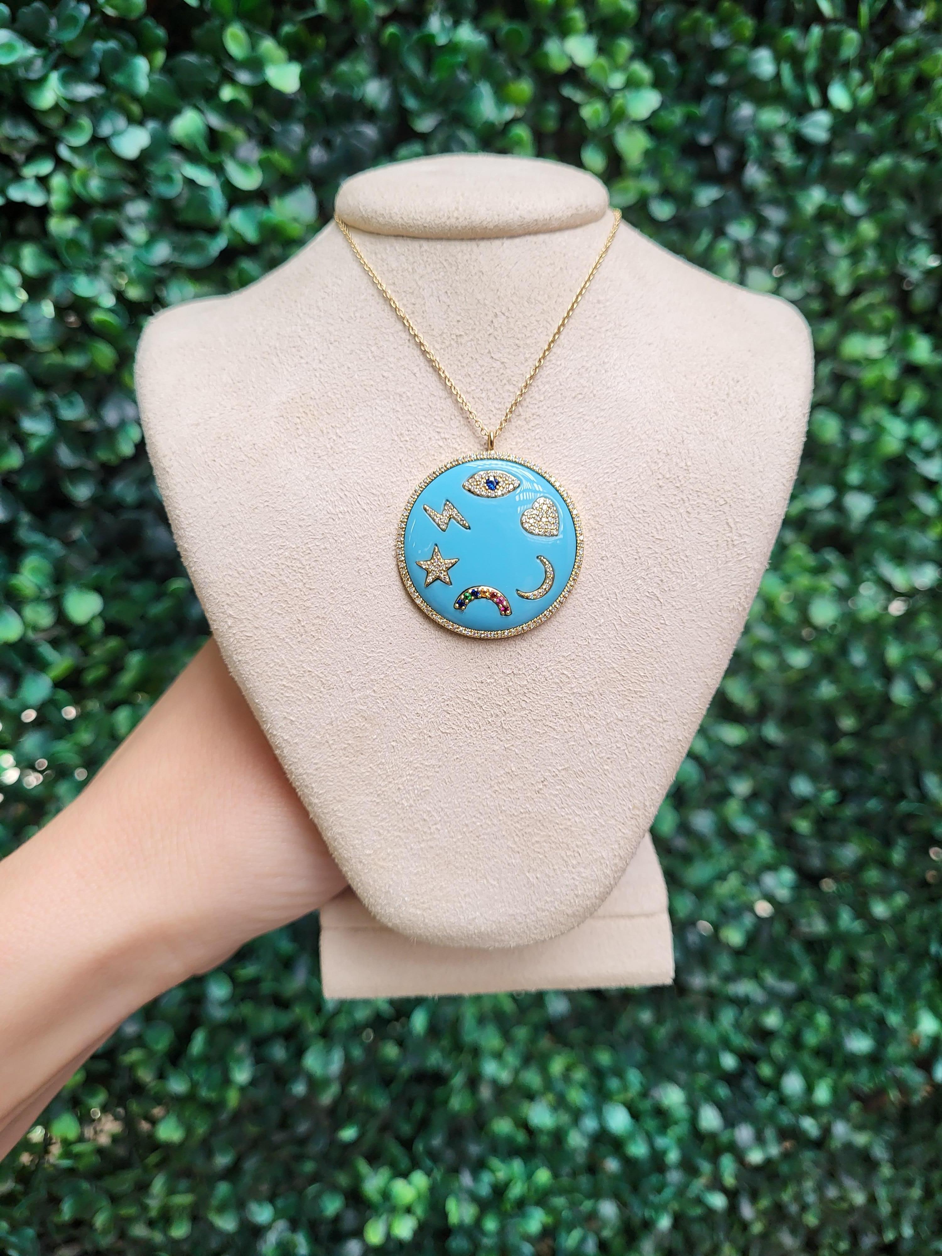 Round Cut Turquoise Enamel Multi Symbols Medallion Necklace For Sale