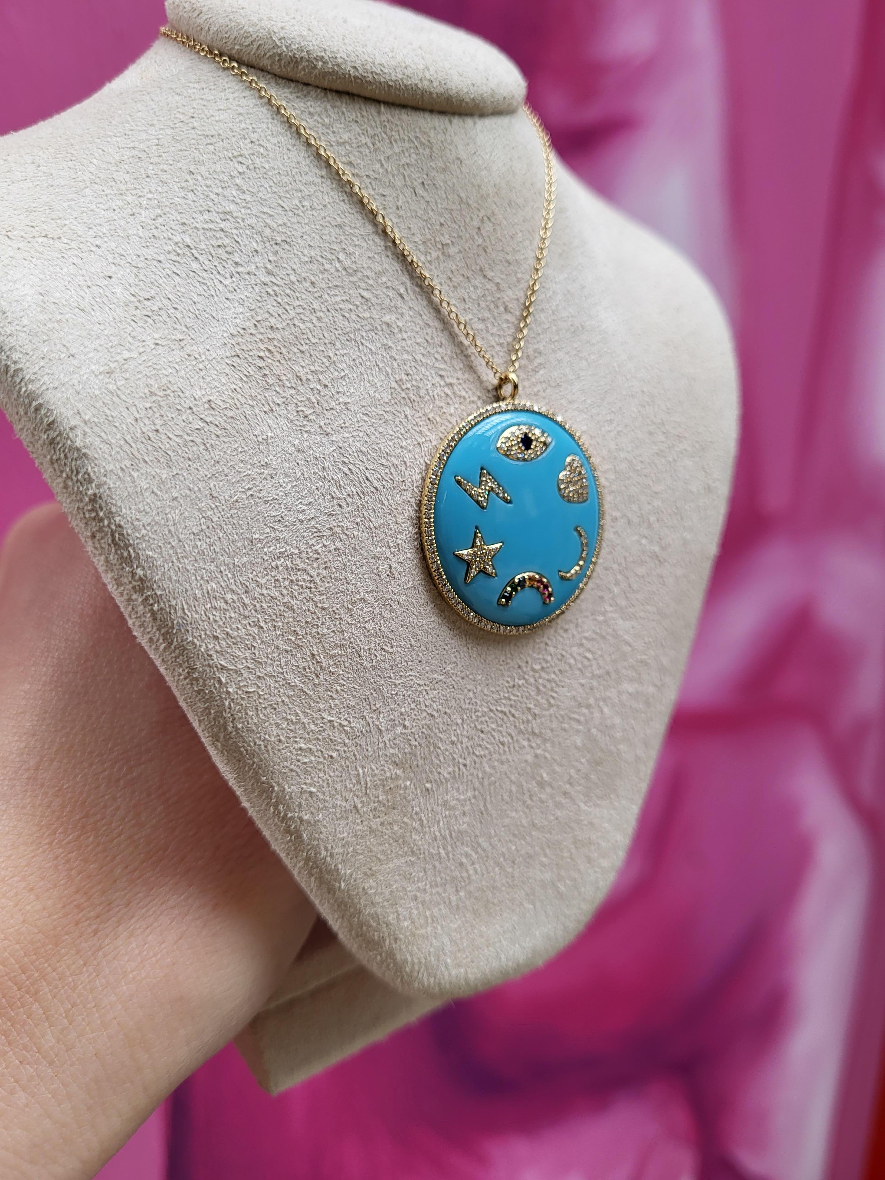 Turquoise Enamel Multi Symbols Medallion Necklace In New Condition For Sale In Houston, TX