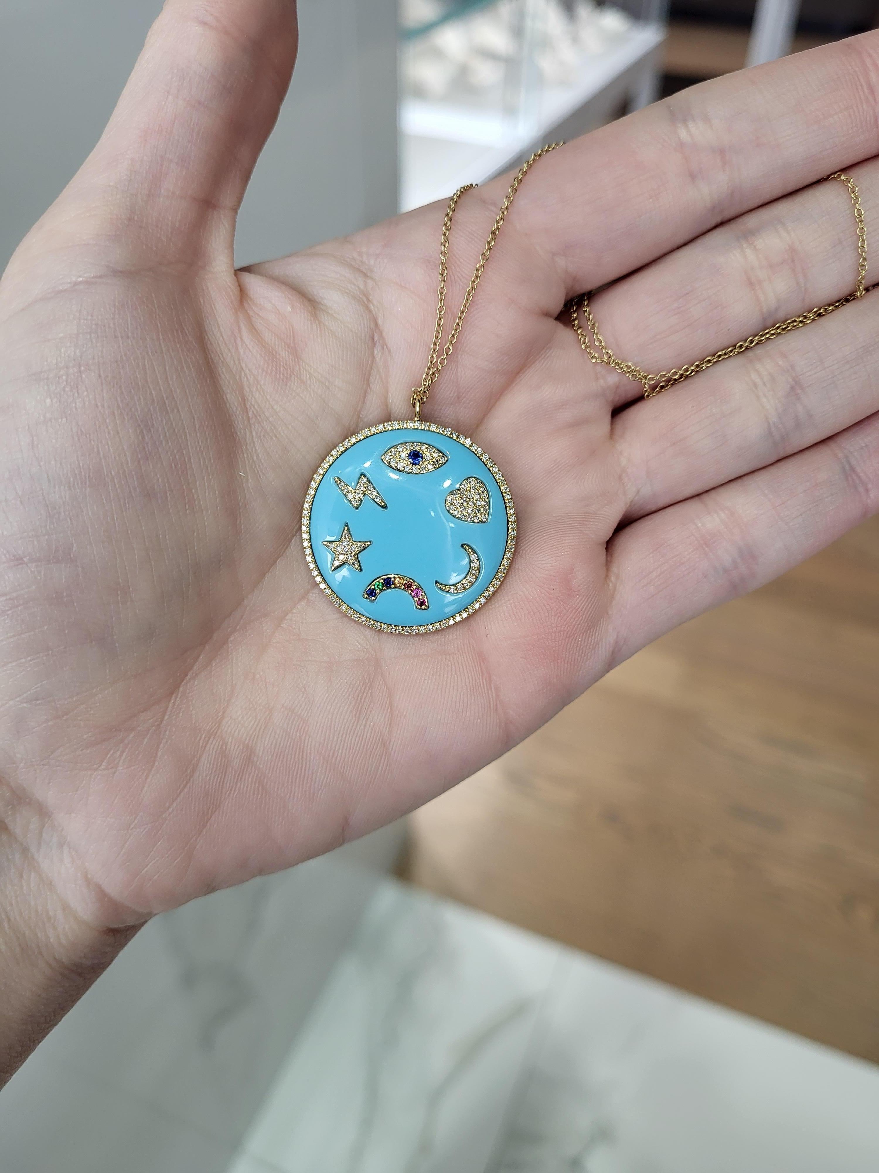 Women's or Men's Turquoise Enamel Multi Symbols Medallion Necklace For Sale