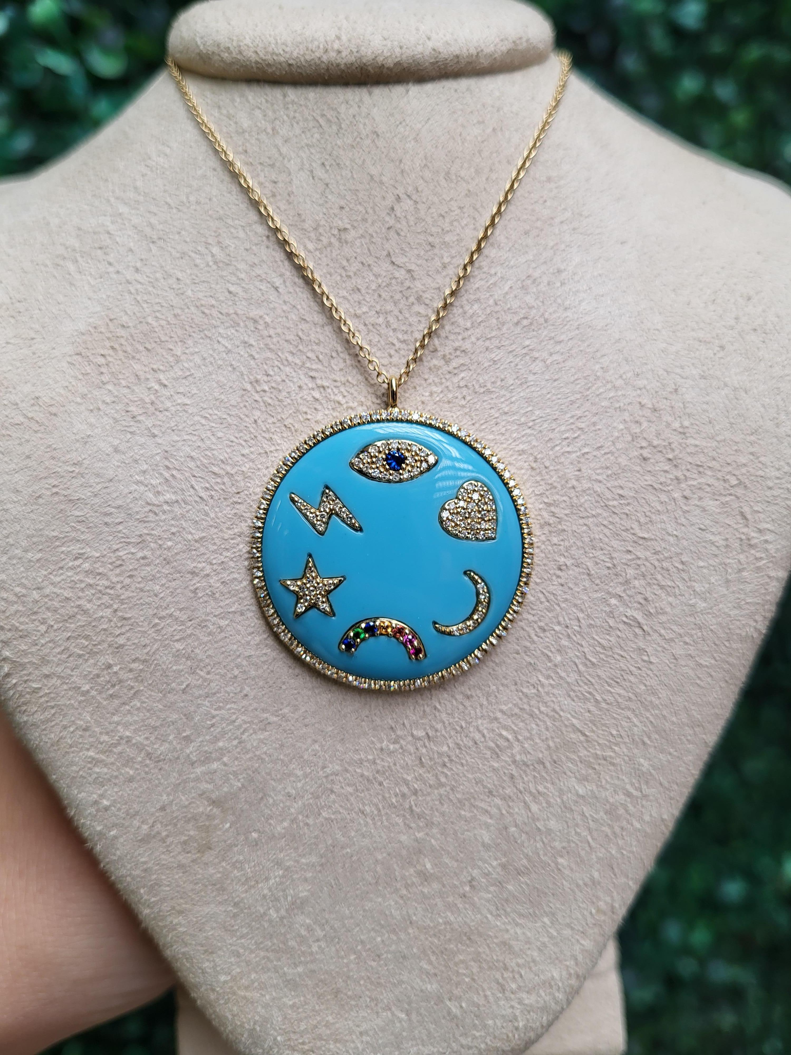 Turquoise Enamel Multi Symbols Medallion Necklace For Sale 2