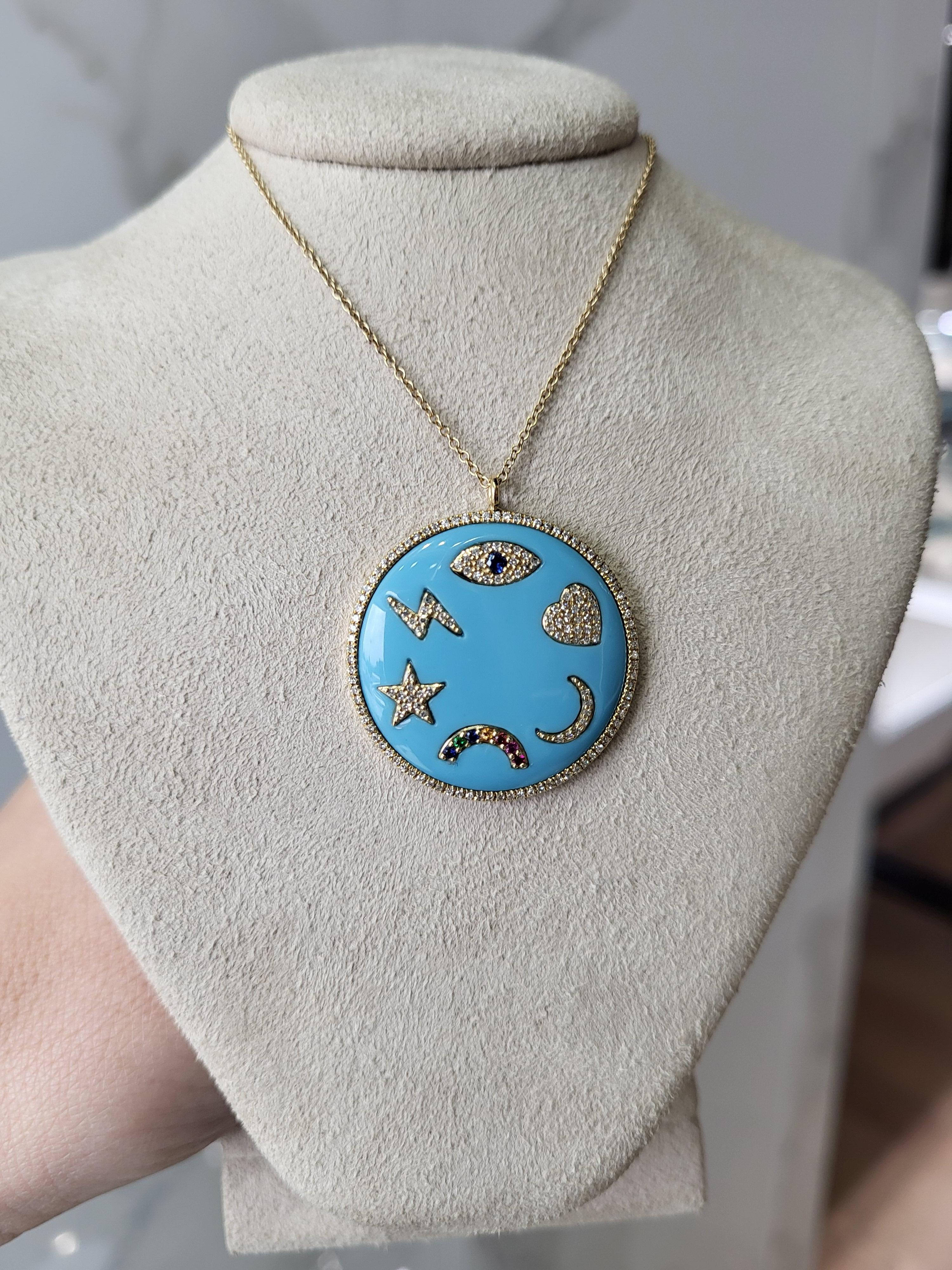 Turquoise Enamel Multi Symbols Medallion Necklace For Sale 3