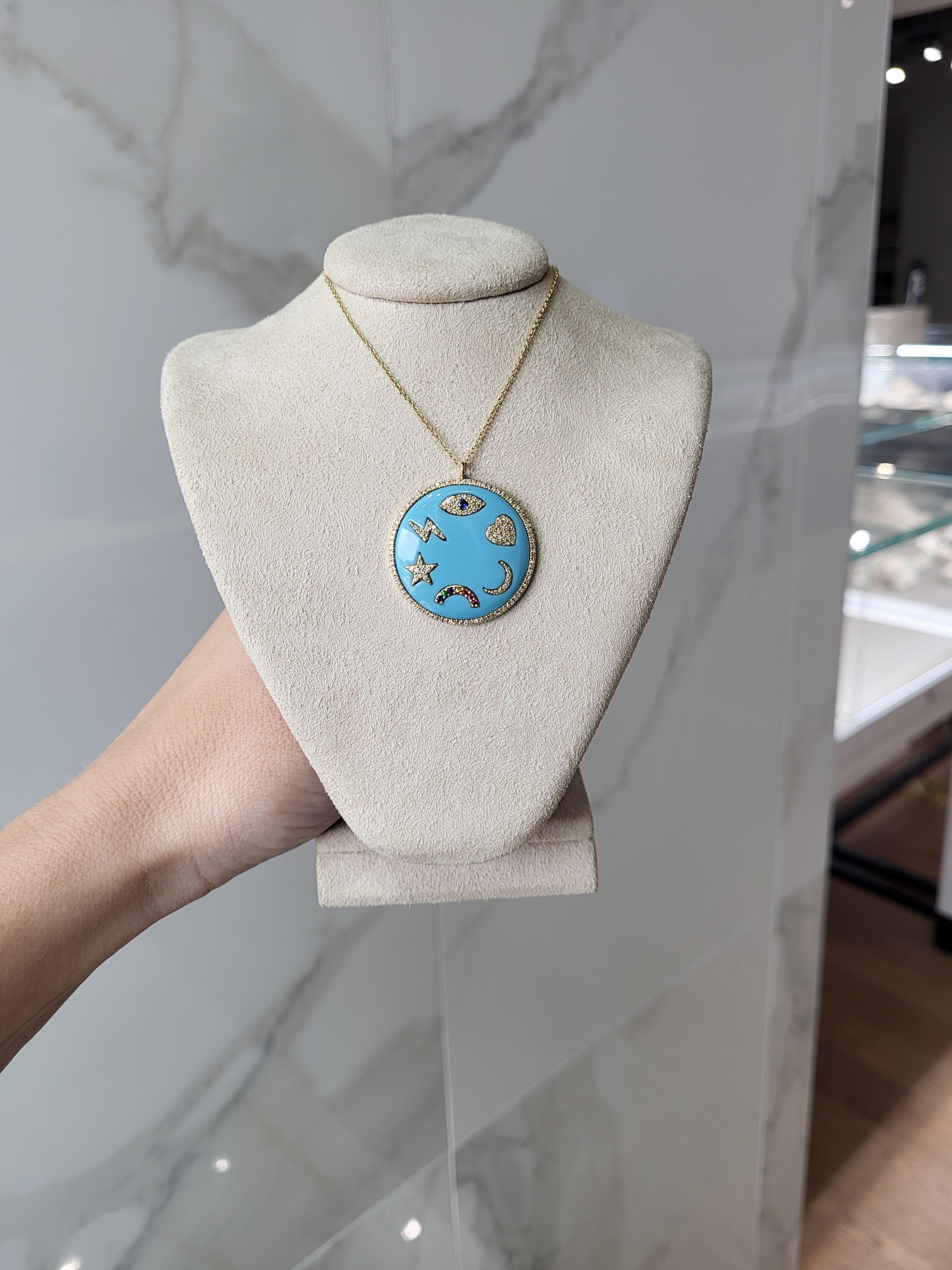 Turquoise Enamel Multi Symbols Medallion Necklace For Sale 4