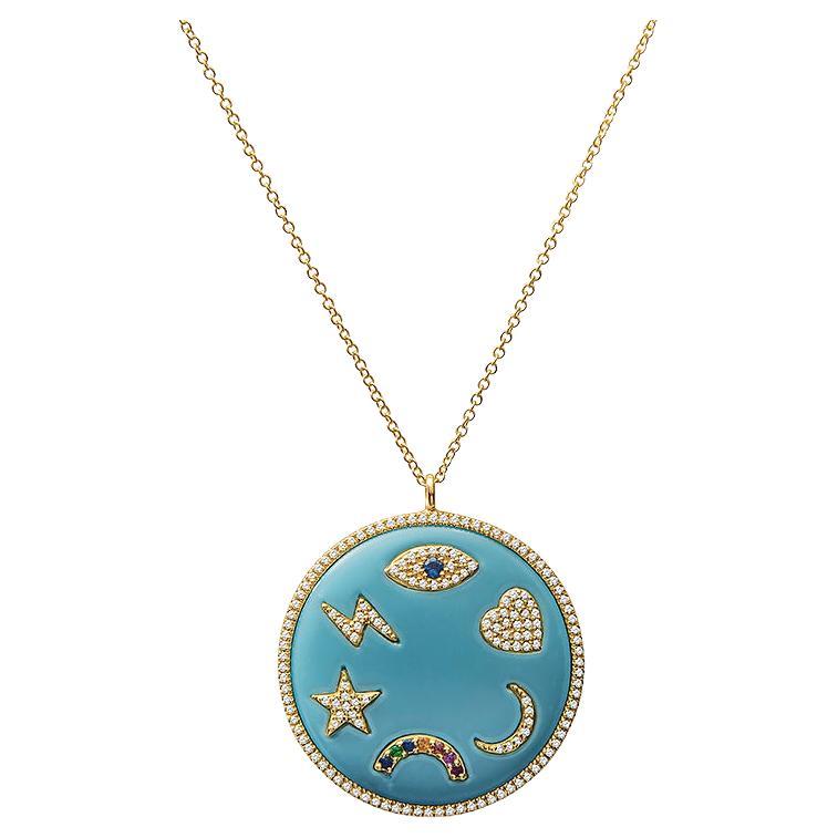 Turquoise Enamel Multi Symbols Medallion Necklace For Sale