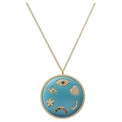 Turquoise Enamel Multi Symbols Medallion Necklace