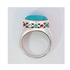 Sterling Silver Turquoise Enamel Ring, Late 20th Century, Unisex