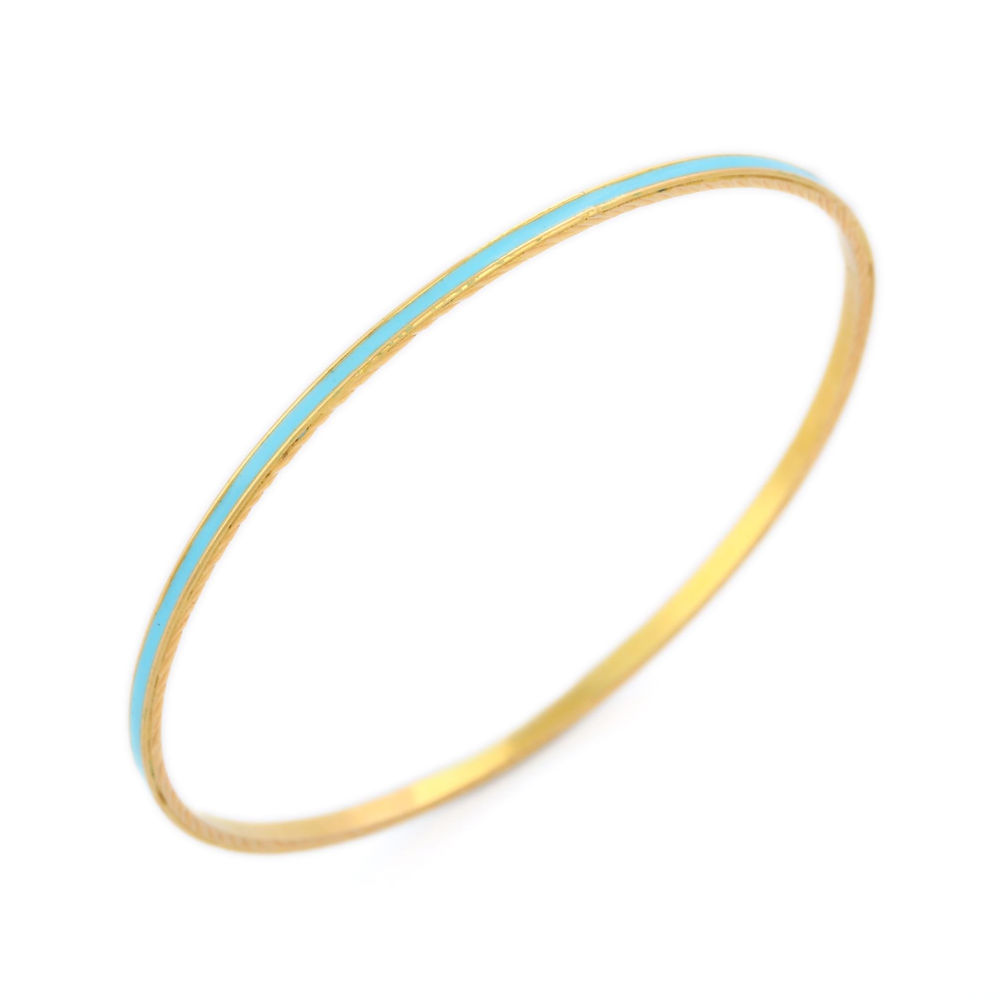 Mixed Cut Turquoise Enameled 18K Yellow Gold Bangle  For Sale