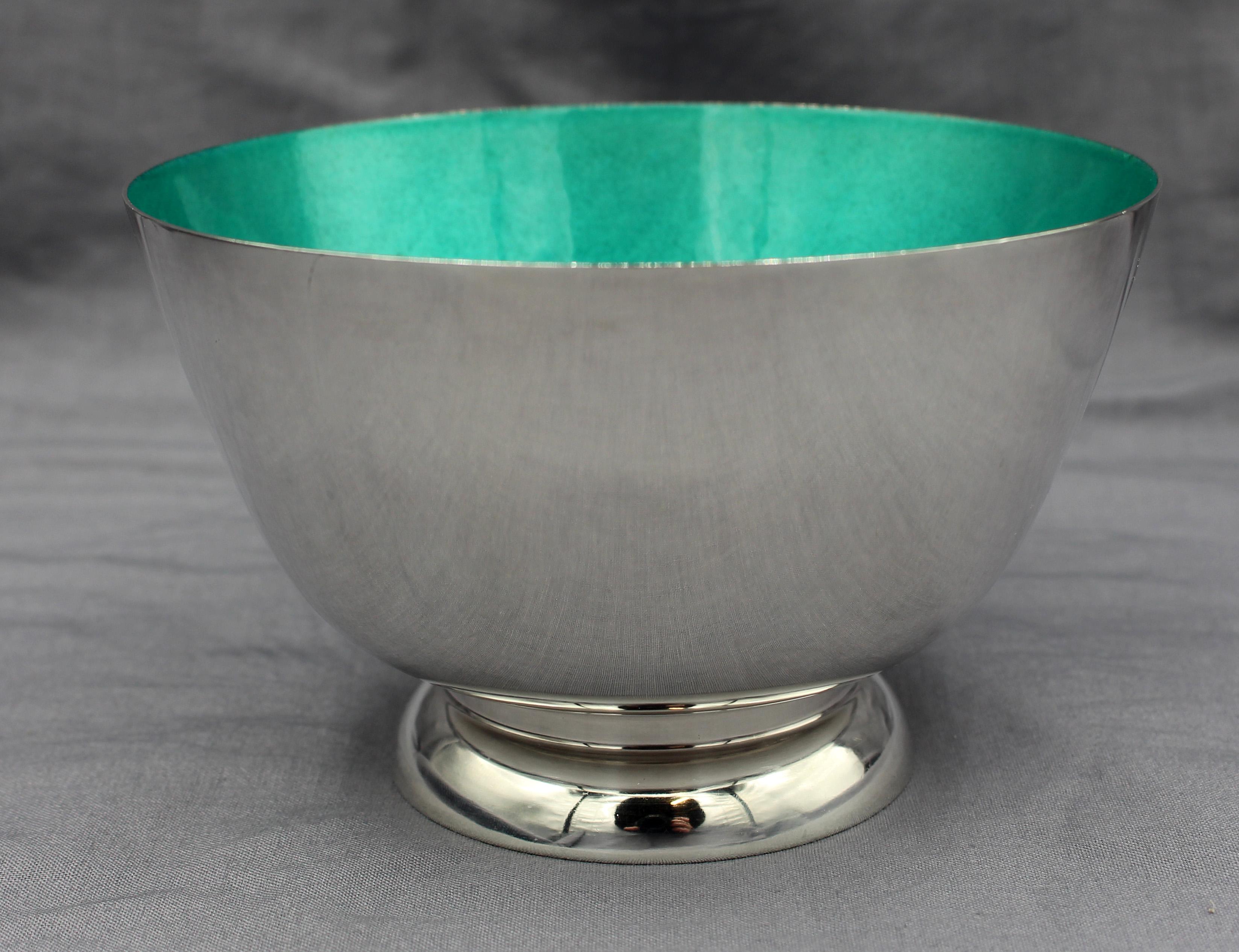 Turquoise enameled sterling silver bowl by Towle, mid century modern. Elegant; never engraved. 7.05 troy oz.
5