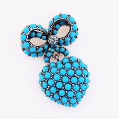 Turquoise Encrusted Bow & Heart Brooch By Joan Rivers, 1990s