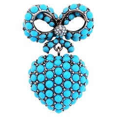Turquoise Encrusted Bow & Heart Brooch By Joan Rivers, 1990s