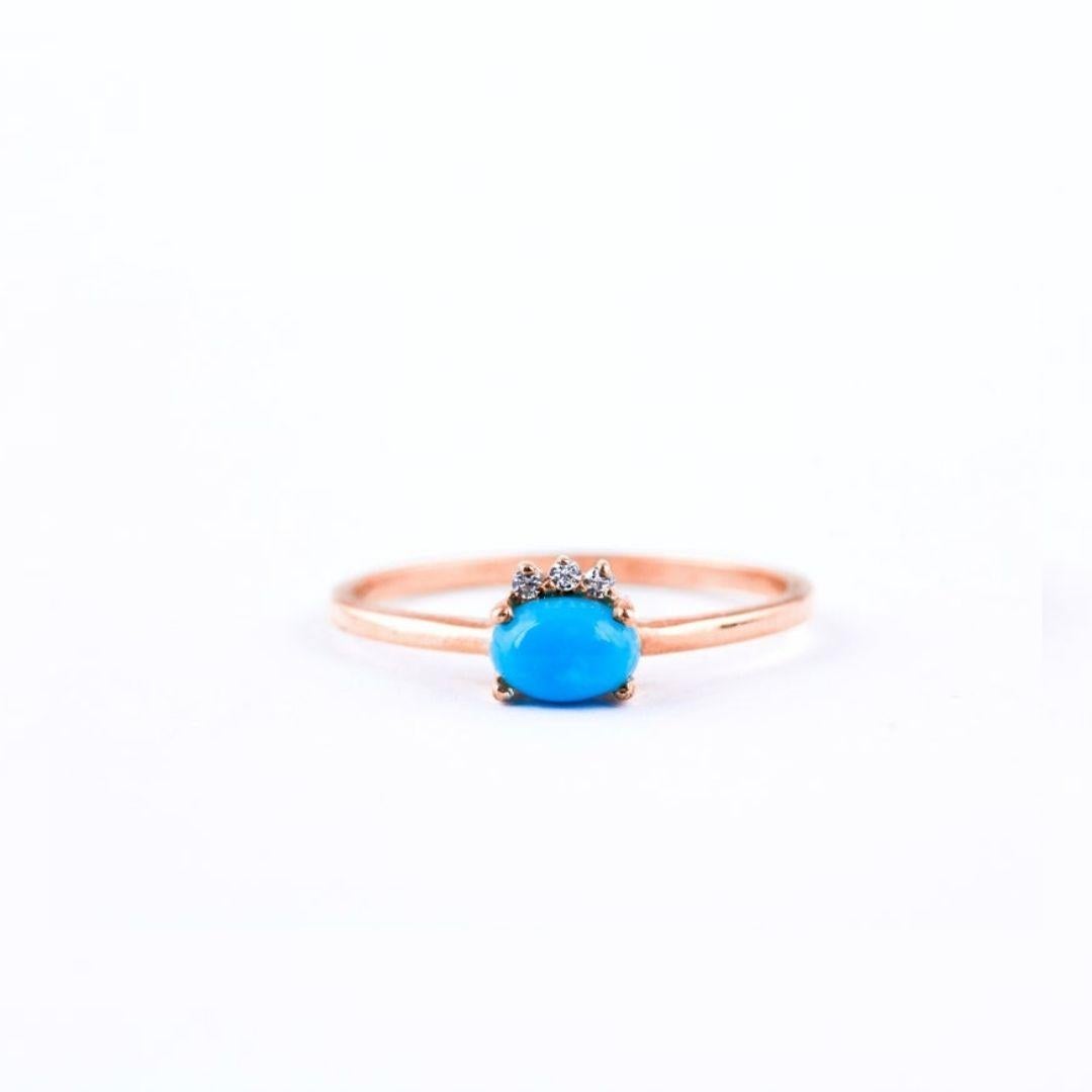 Oval Cut Turquoise Ring, Turquoise and Diamond Ring, 14 Karat Gold Turquoise Ring For Sale