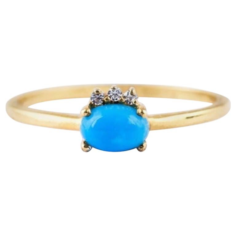 Turquoise Ring, Turquoise and Diamond Ring, 14 Karat Gold Turquoise Ring For Sale