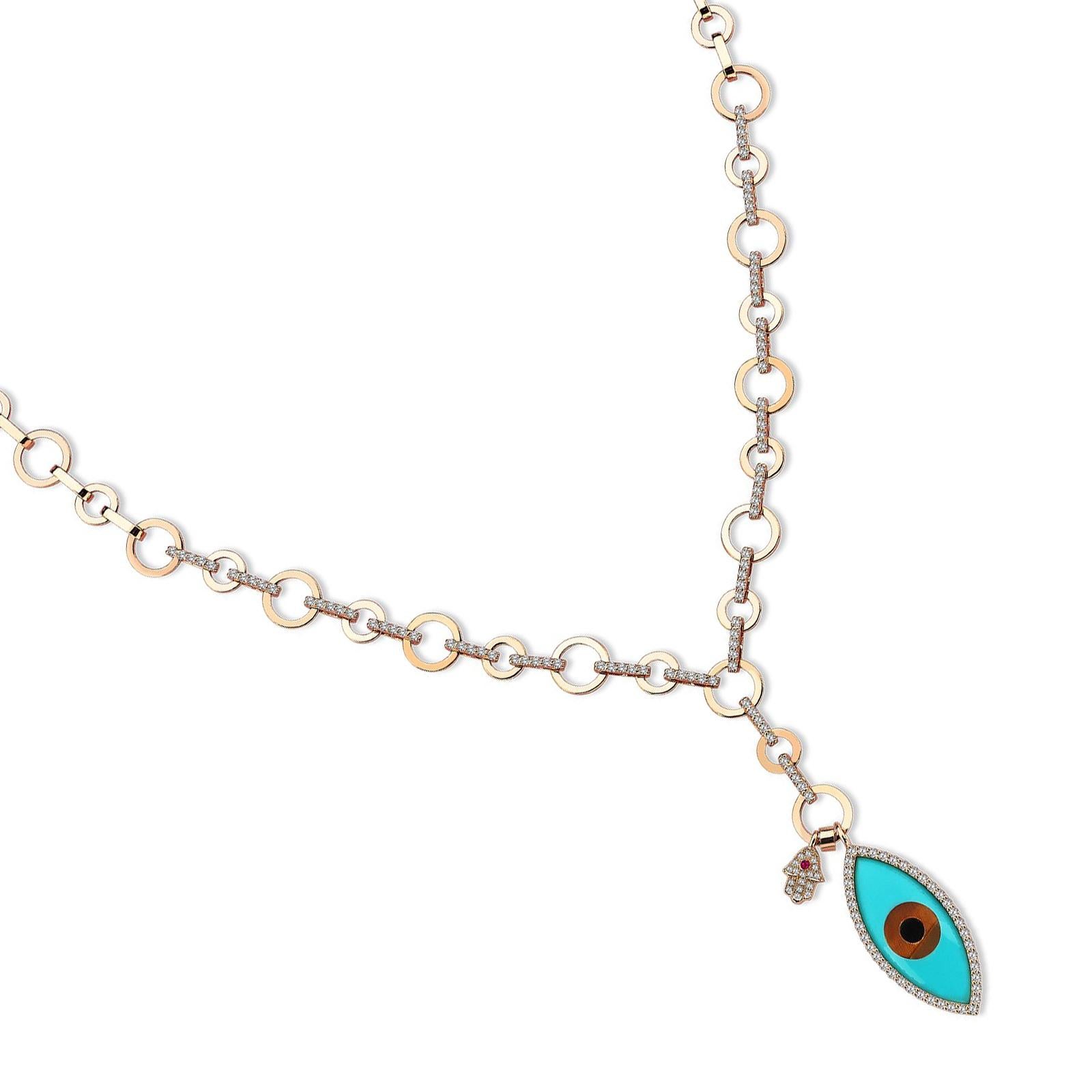 Artisan Turquoise Evil Eye Mini Hamsa Hand Diamond Charms 18K Rose Gold Link Necklace For Sale