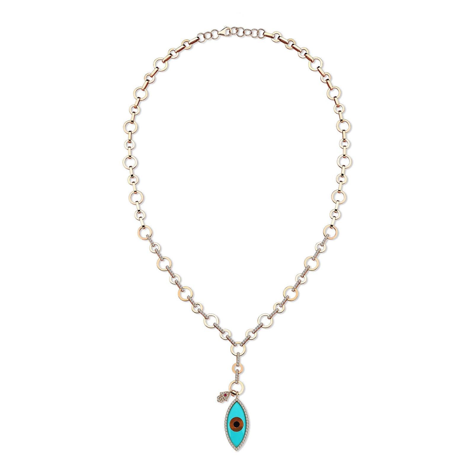 Round Cut Turquoise Evil Eye Mini Hamsa Hand Diamond Charms 18K Rose Gold Link Necklace For Sale