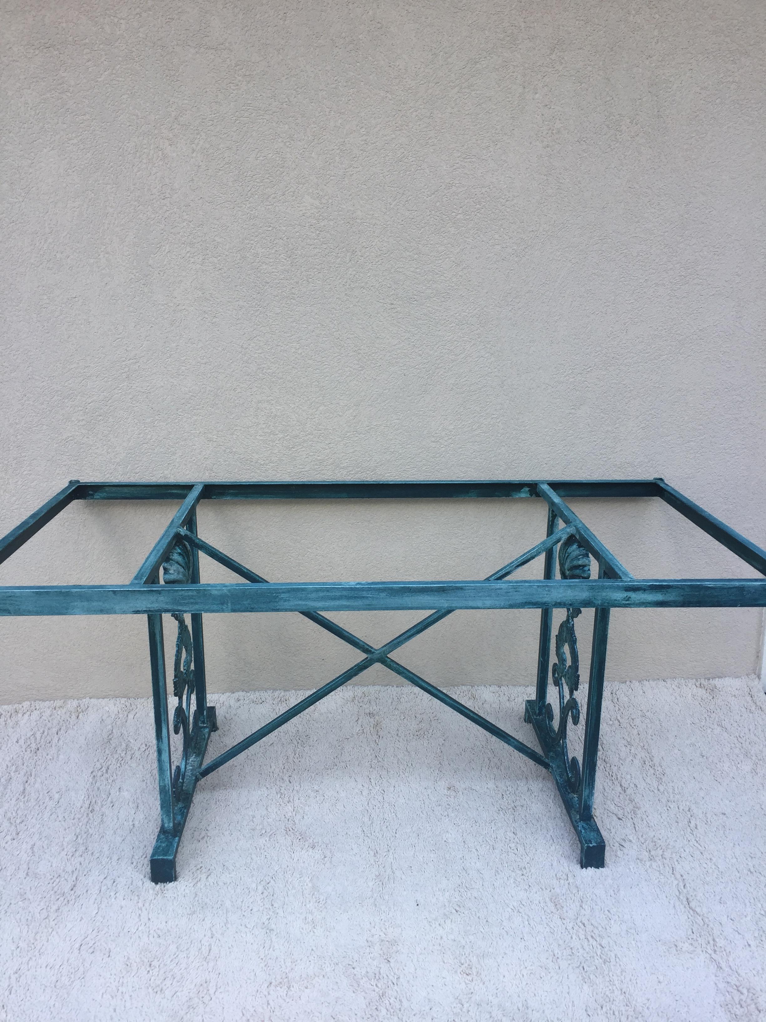 Mid-Century Modern Turquoise Finish Aluminum  Dolphin and Sea Shell Glass Top Dining Table For Sale