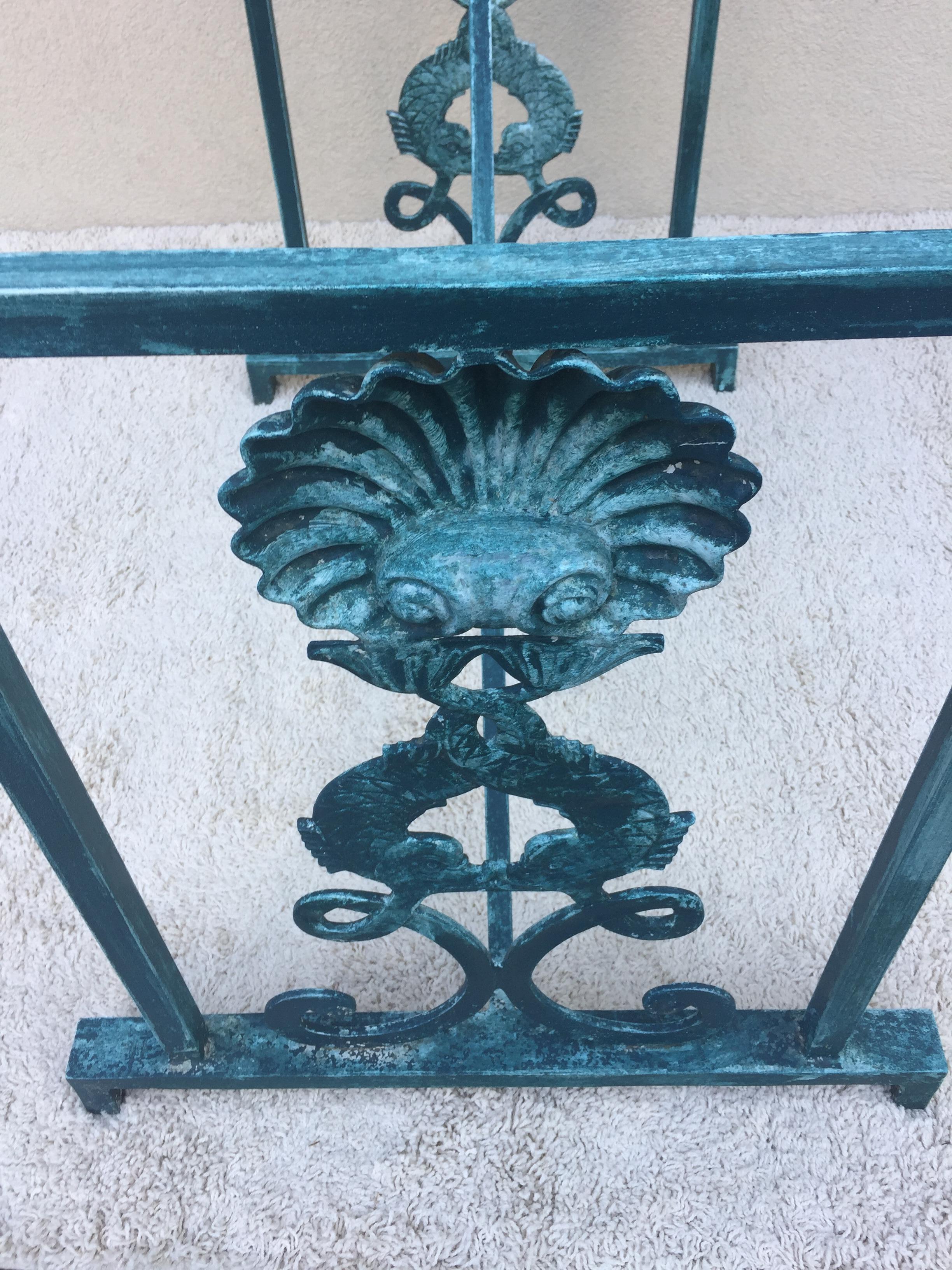 Turquoise Finish Aluminum  Dolphin and Sea Shell Glass Top Dining Table In Good Condition For Sale In Westport, CT