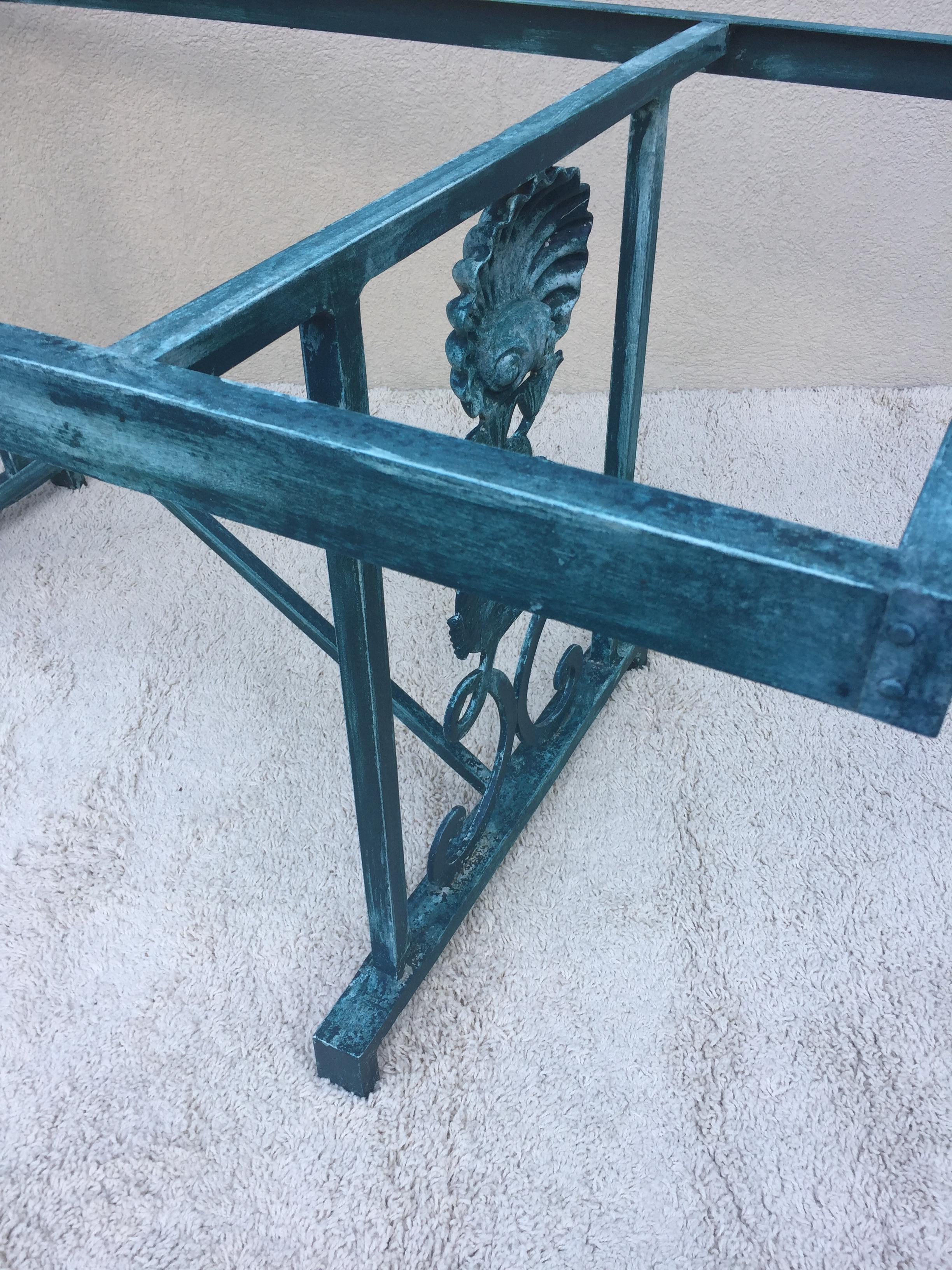 20th Century Turquoise Finish Aluminum  Dolphin and Sea Shell Glass Top Dining Table For Sale