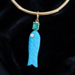 Turquoise Fish Pendant with Diamond, Emerald & 14k Gold