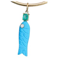 Turquoise Fish Pendant with Diamond, Emerald & 14k Gold