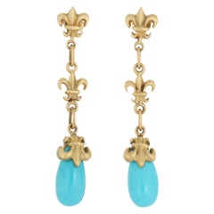 Turquoise Fleur de Lis Drop Earrings 18 K Gold Estate Fine Jewelry Long Dangle