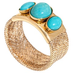 Turquoise Flex Mesh Band Sz 6.5 to 10 Ring 14k Yellow Gold Fine Jewelry