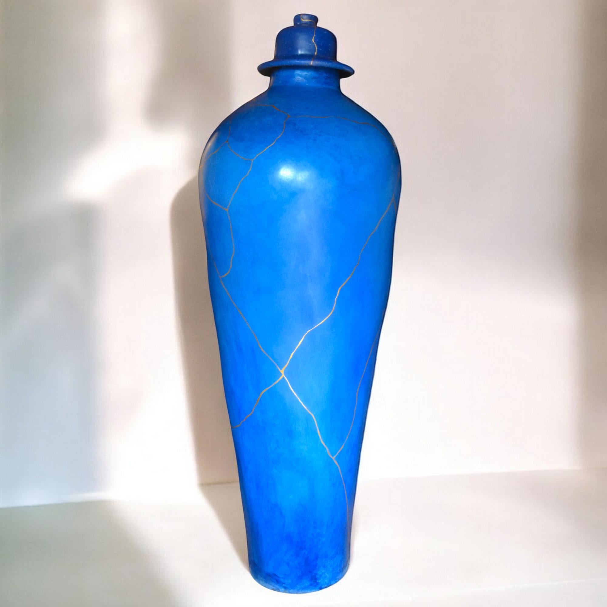 French Turquoise floor vase Kintsugi For Sale