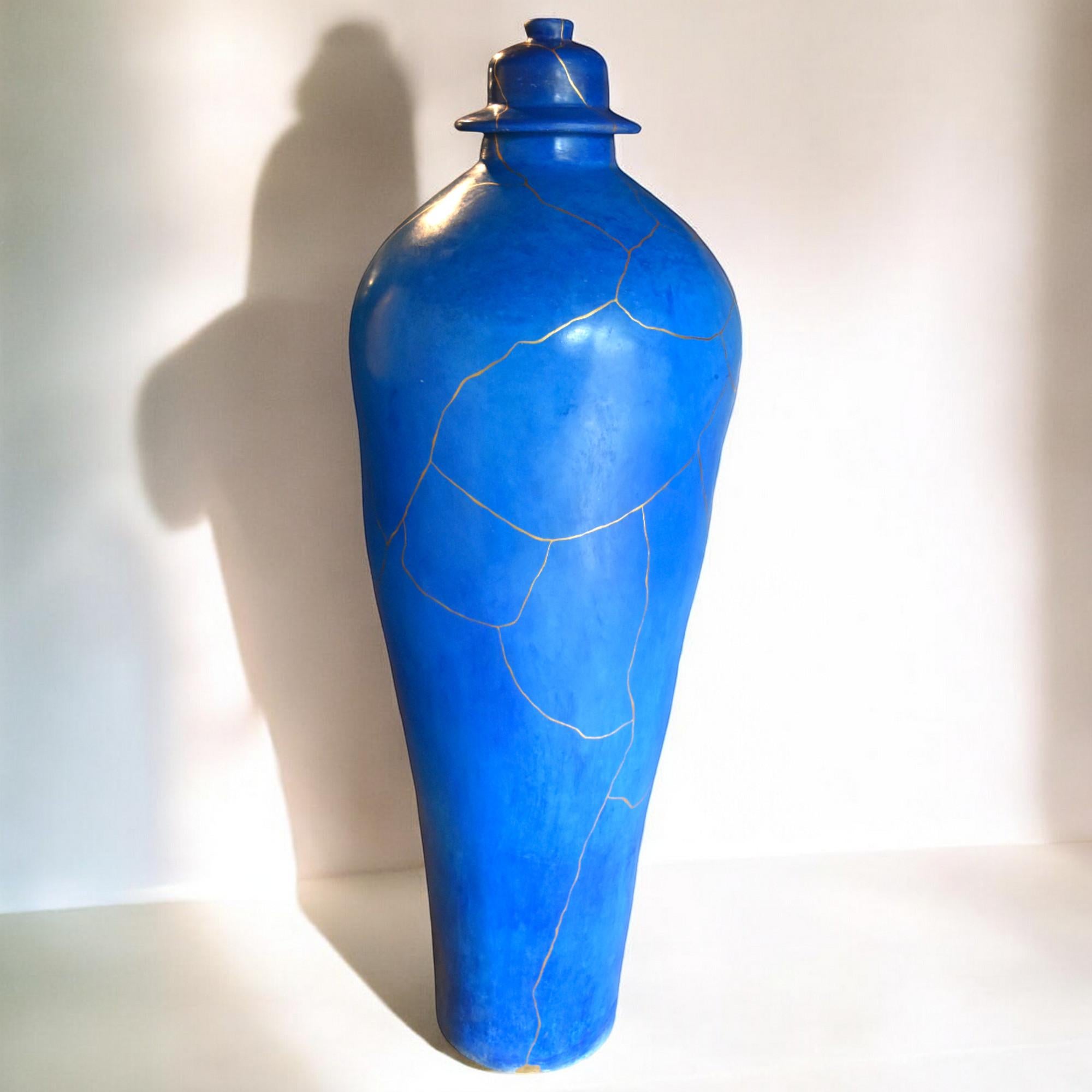 Contemporary Turquoise floor vase Kintsugi For Sale