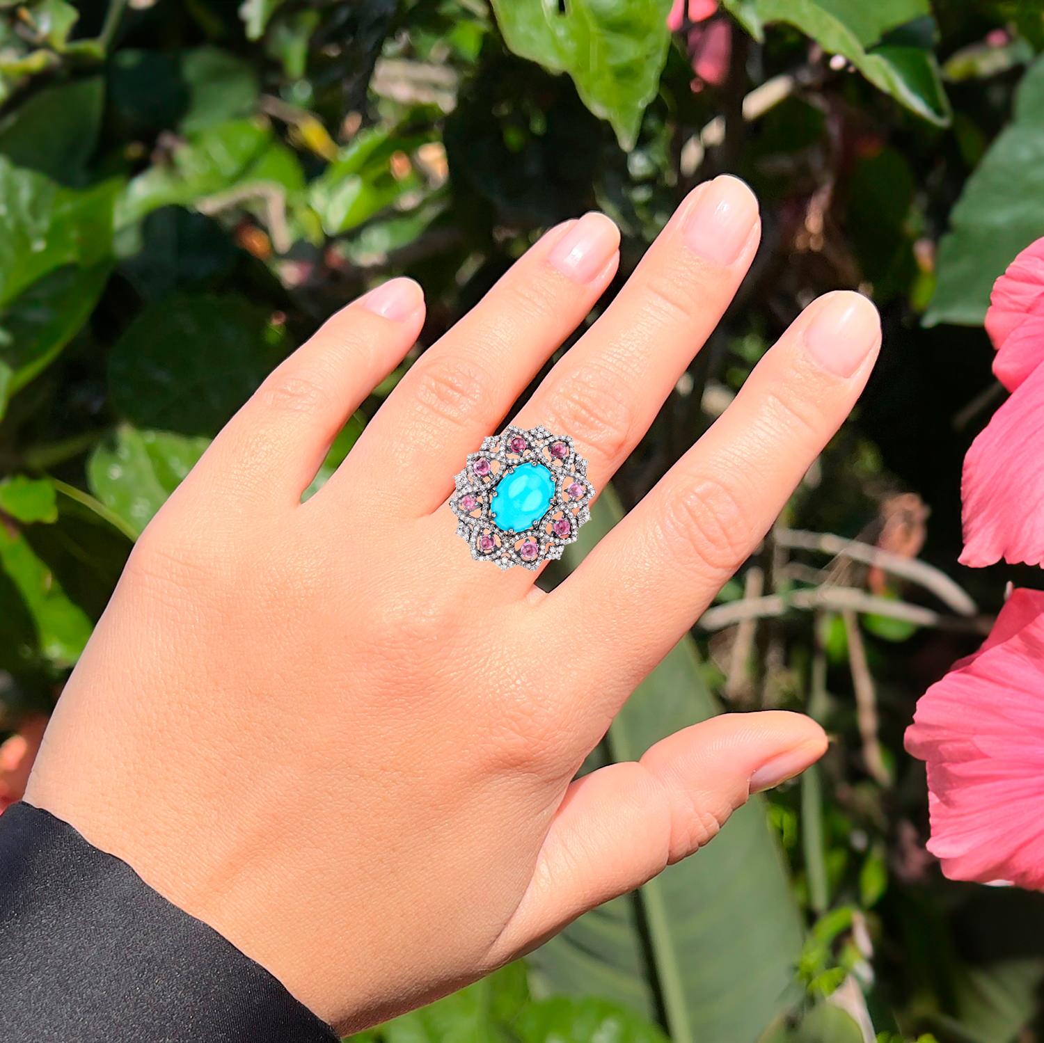 Contemporary Turquoise Floral Cocktail Ring Pink Tourmalines Diamonds 7.5 Carats For Sale