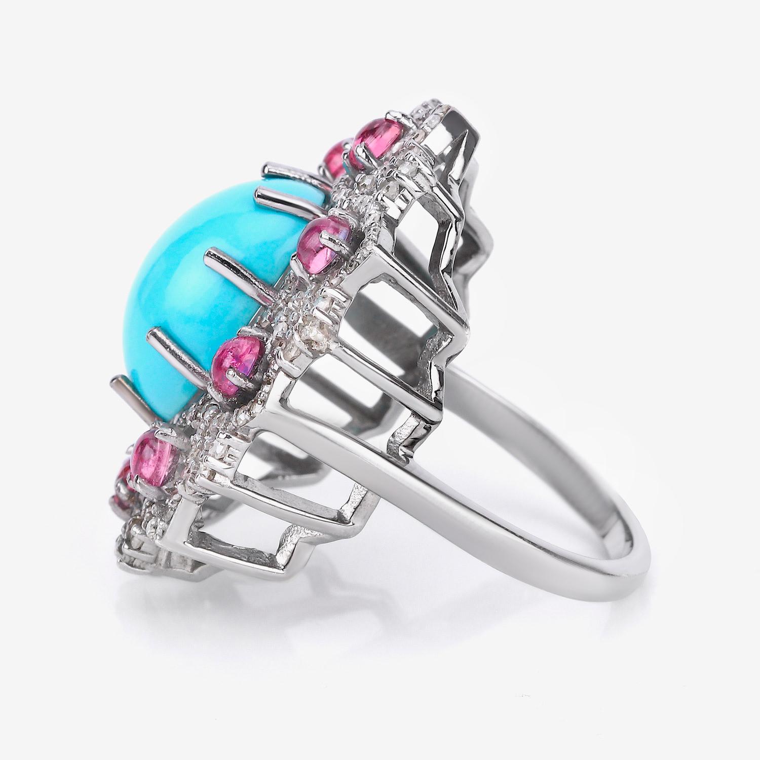 Turquoise Floral Cocktail Ring Pink Tourmalines Diamonds 7.5 Carats In Excellent Condition For Sale In Laguna Niguel, CA