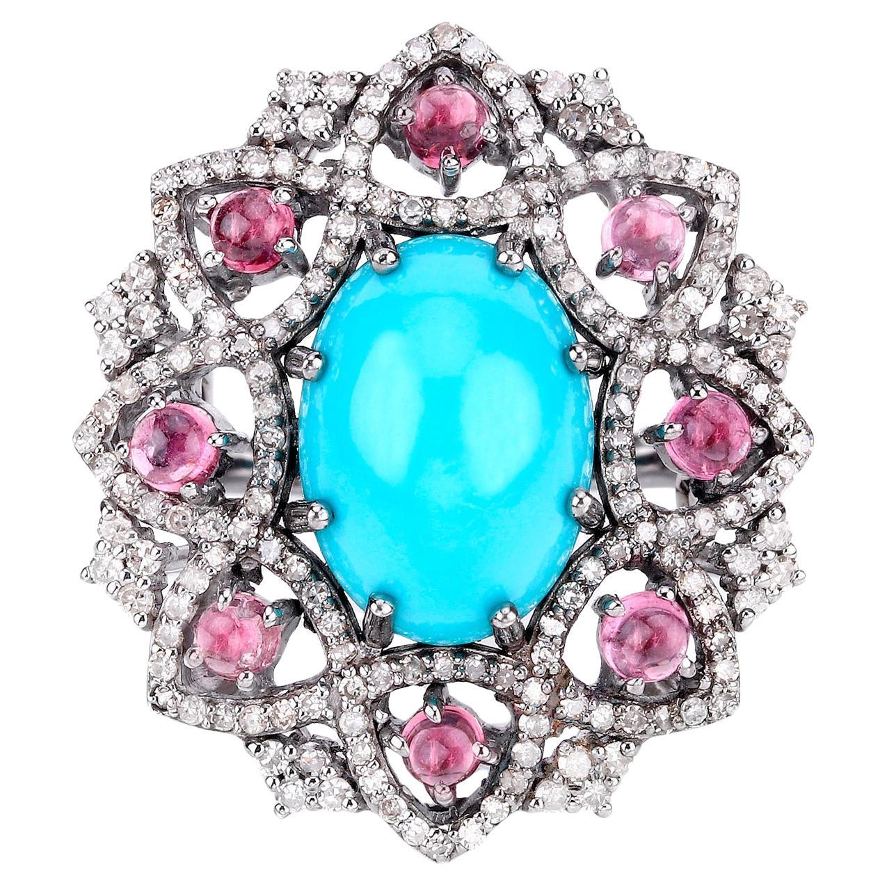 Turquoise Floral Cocktail Ring Pink Tourmalines Diamonds 7.5 Carats For Sale