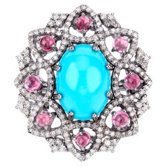 Turquoise Floral Cocktail Ring Pink Tourmalines Diamonds 7.5 Carats