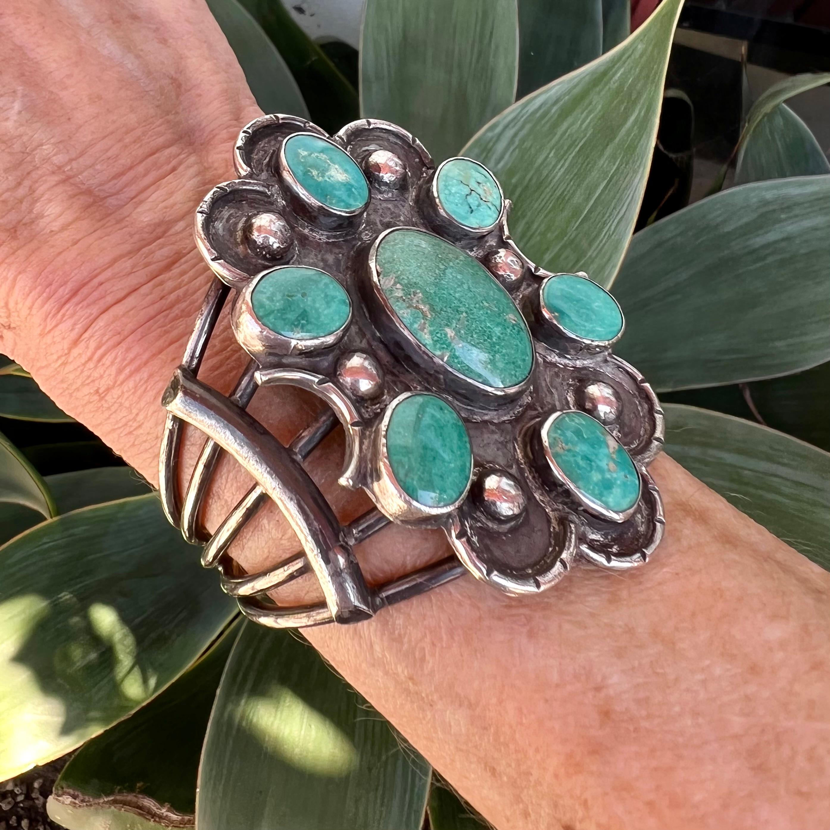 Cabochon Turquoise Floral Design Native American Sterling Silver Cuff For Sale