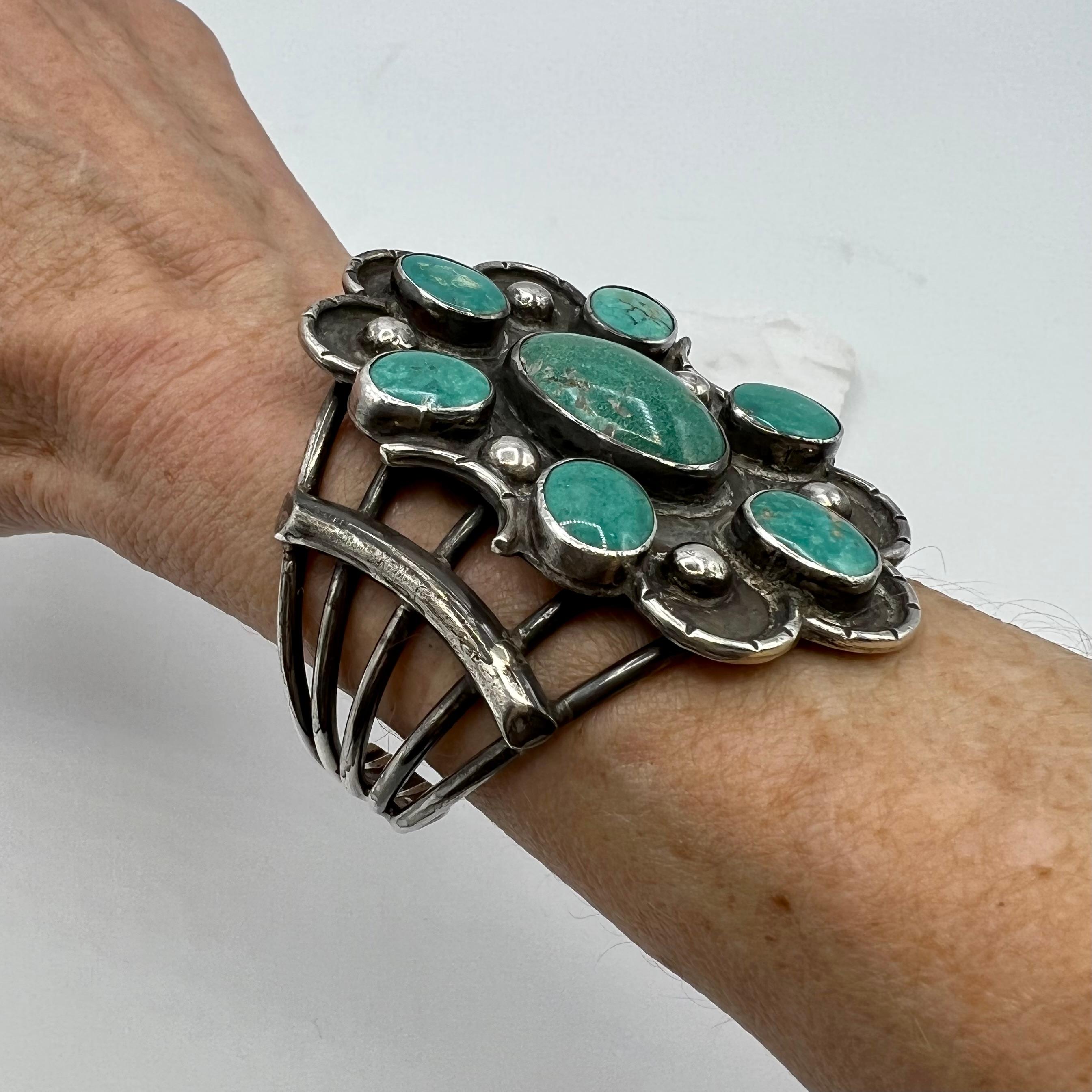 Women's or Men's Turquoise Floral Design Native American Sterling Silver Cuff For Sale