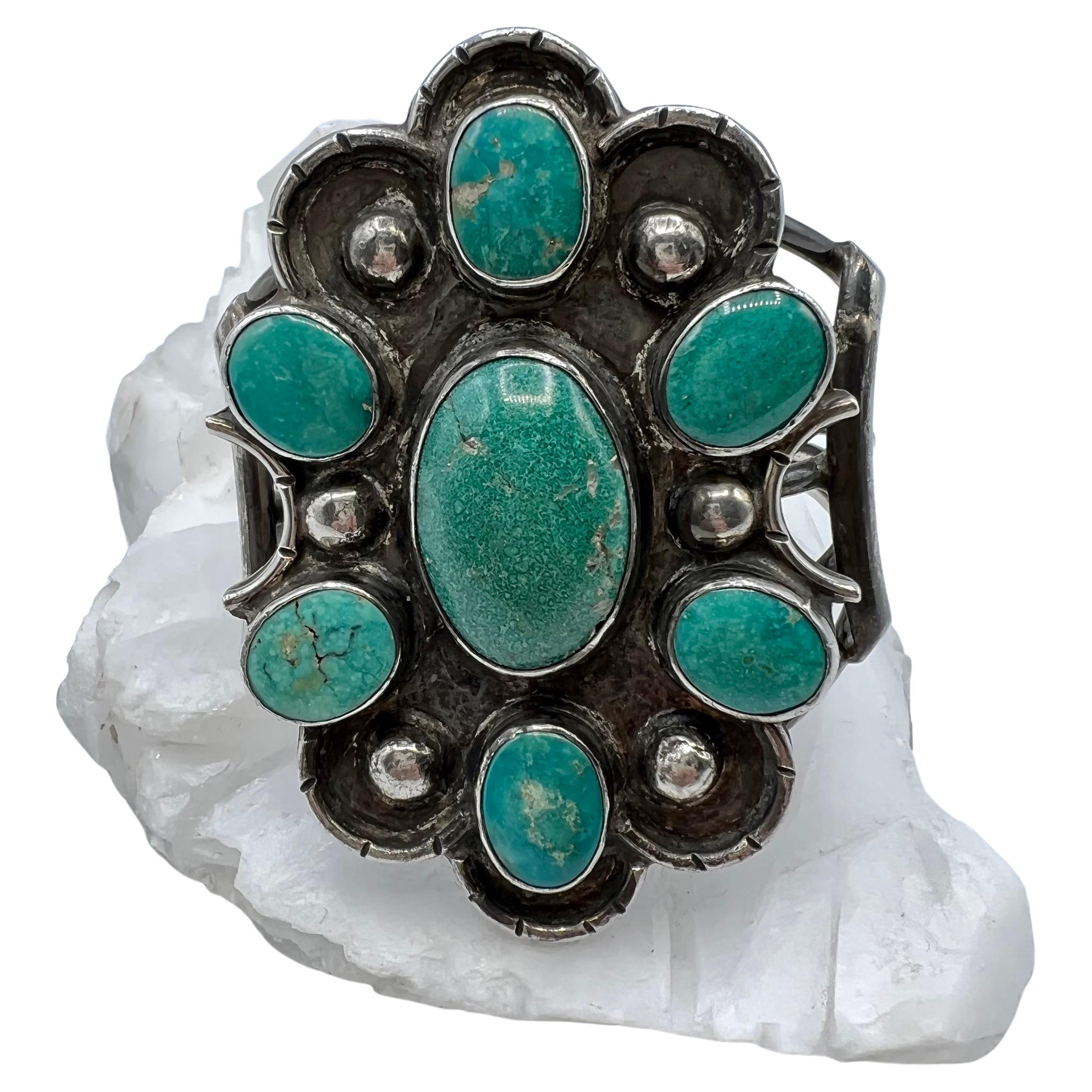 Turquoise Floral Design Native American Sterling Silver Cuff