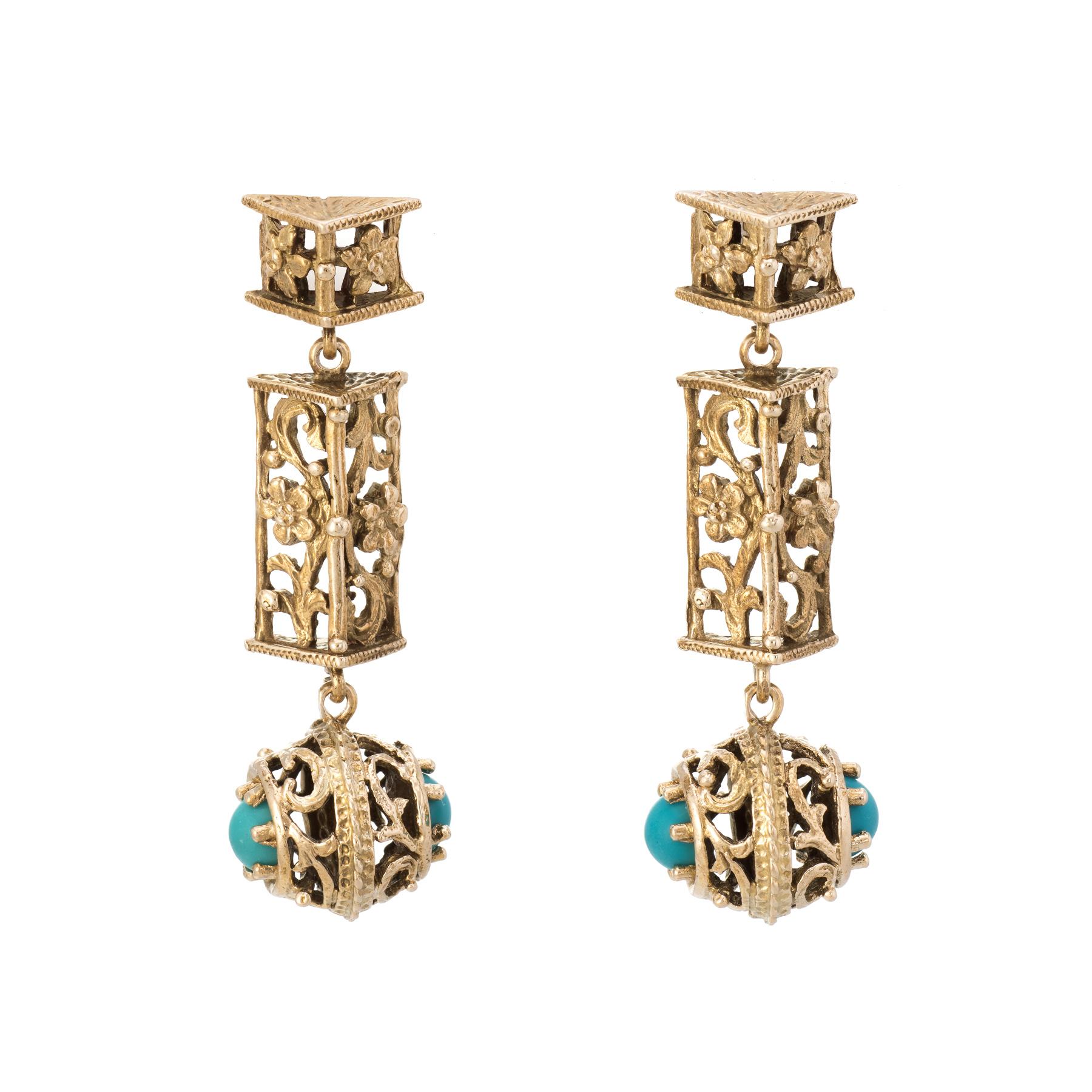 Women's Turquoise Floral Drop Earrings Vintage 14 Karat Yellow Gold Estate Fine Jewelry