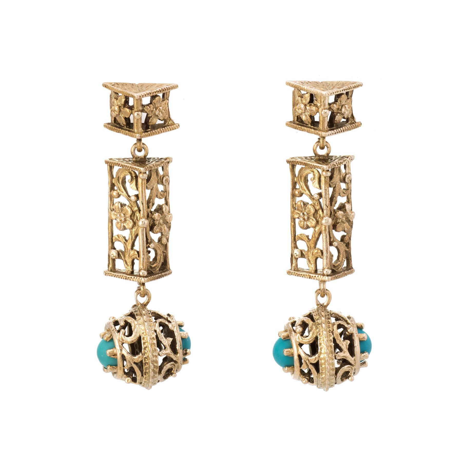 Turquoise Floral Drop Earrings Vintage 14 Karat Yellow Gold Estate Fine Jewelry