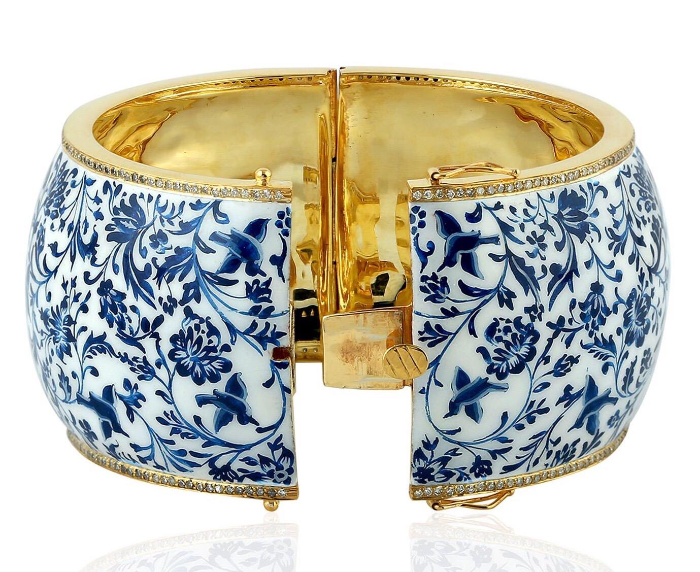 Artisan Enamel Turquoise Floral Diamond Bangle Bracelet  For Sale