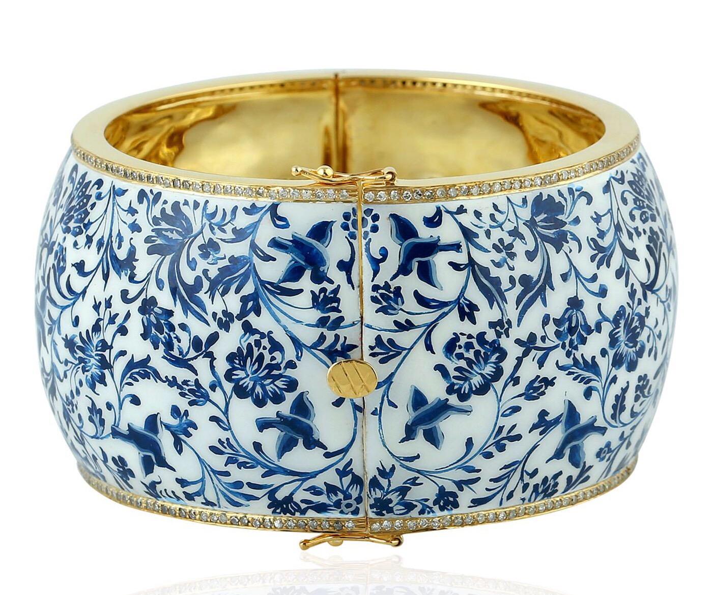 Single Cut Enamel Turquoise Floral Diamond Bangle Bracelet  For Sale