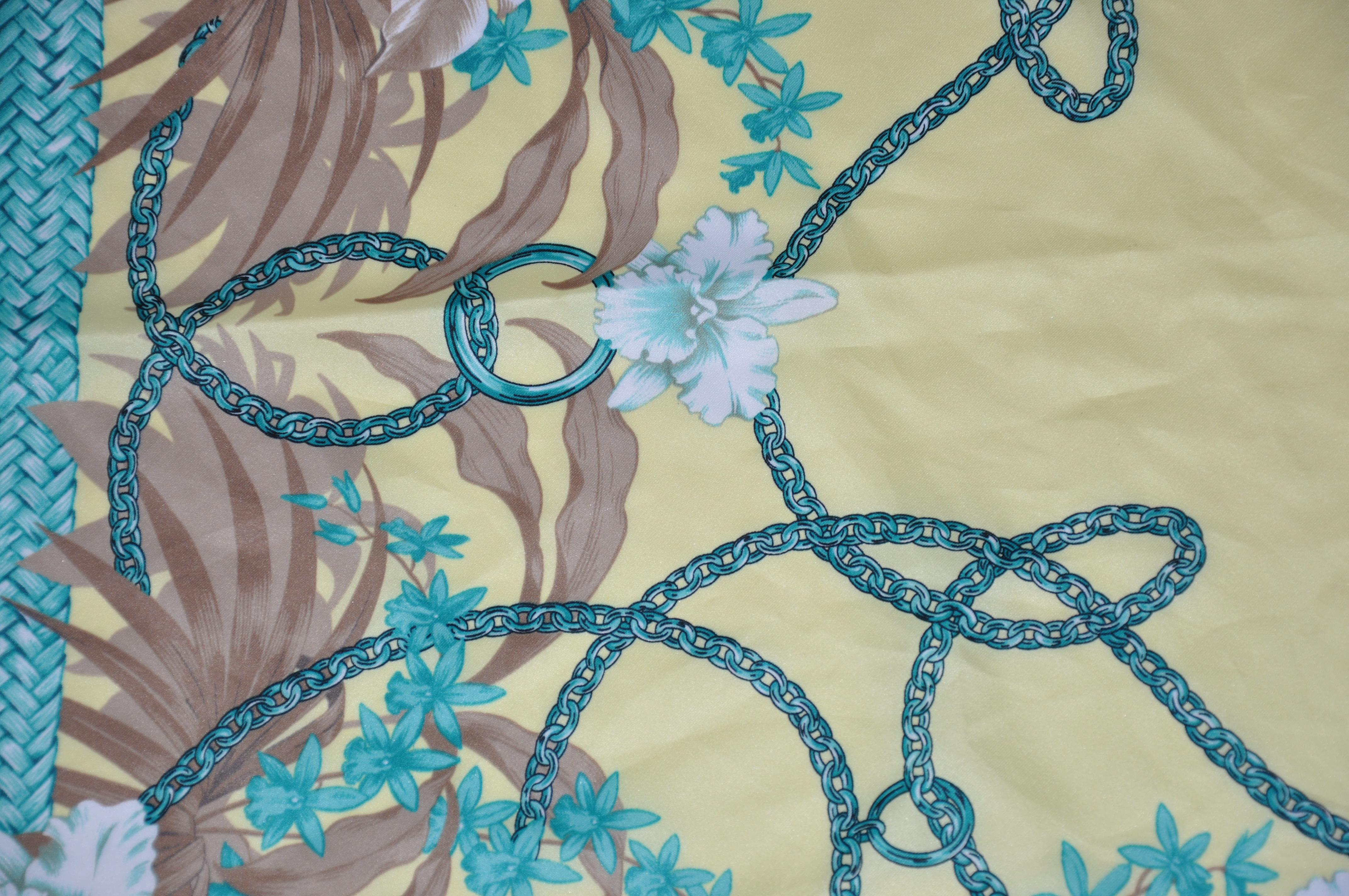 Turquoise Florals Among Jaguar Scarf In Fair Condition For Sale In New York, NY