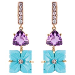 Turquoise Flower 18 Karat Gold 0.12 Karat White Diamond Amethyst Dangle Earrings