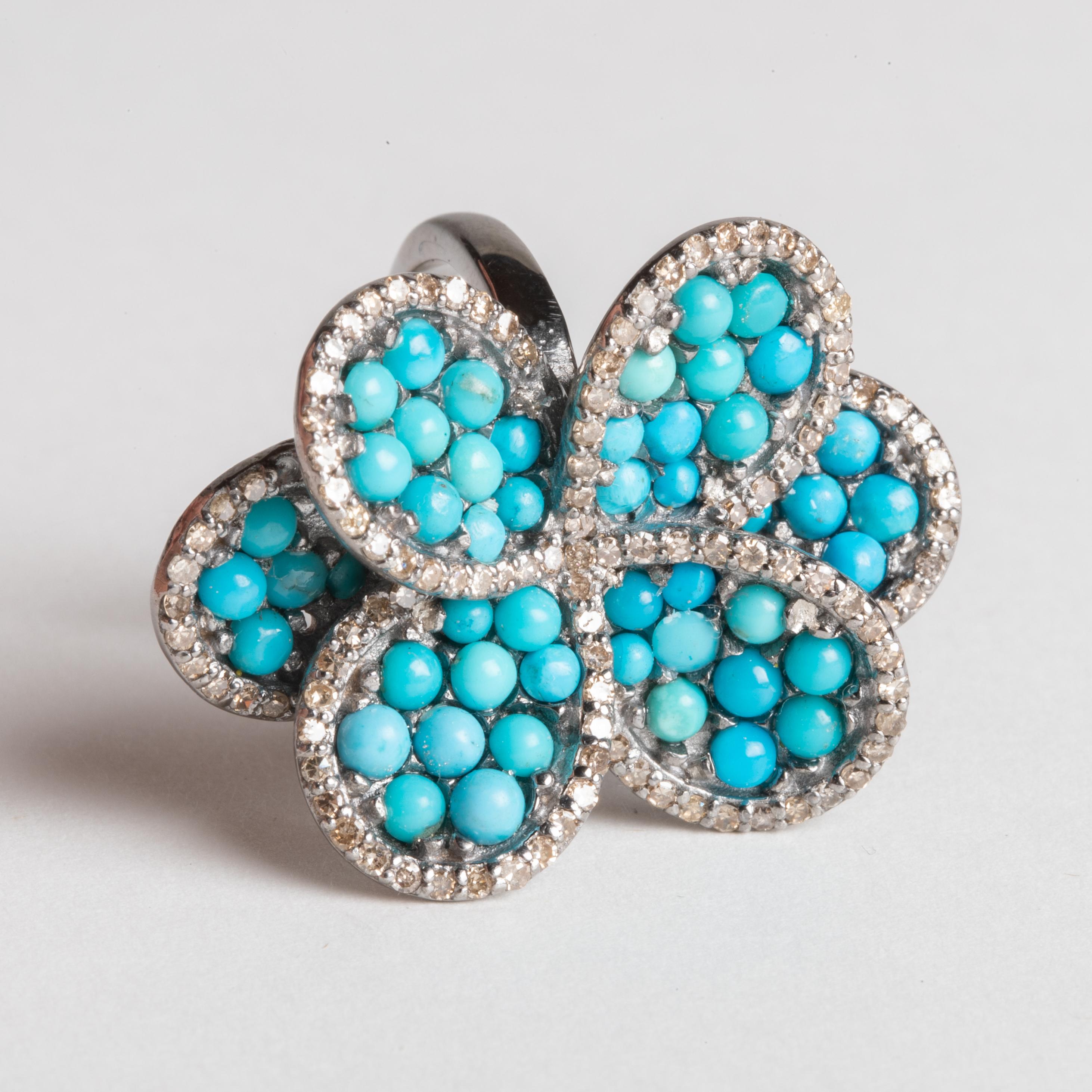 Turquoise Flower Cocktail Ring with Pave`-Set Diamonds In Excellent Condition In Nantucket, MA
