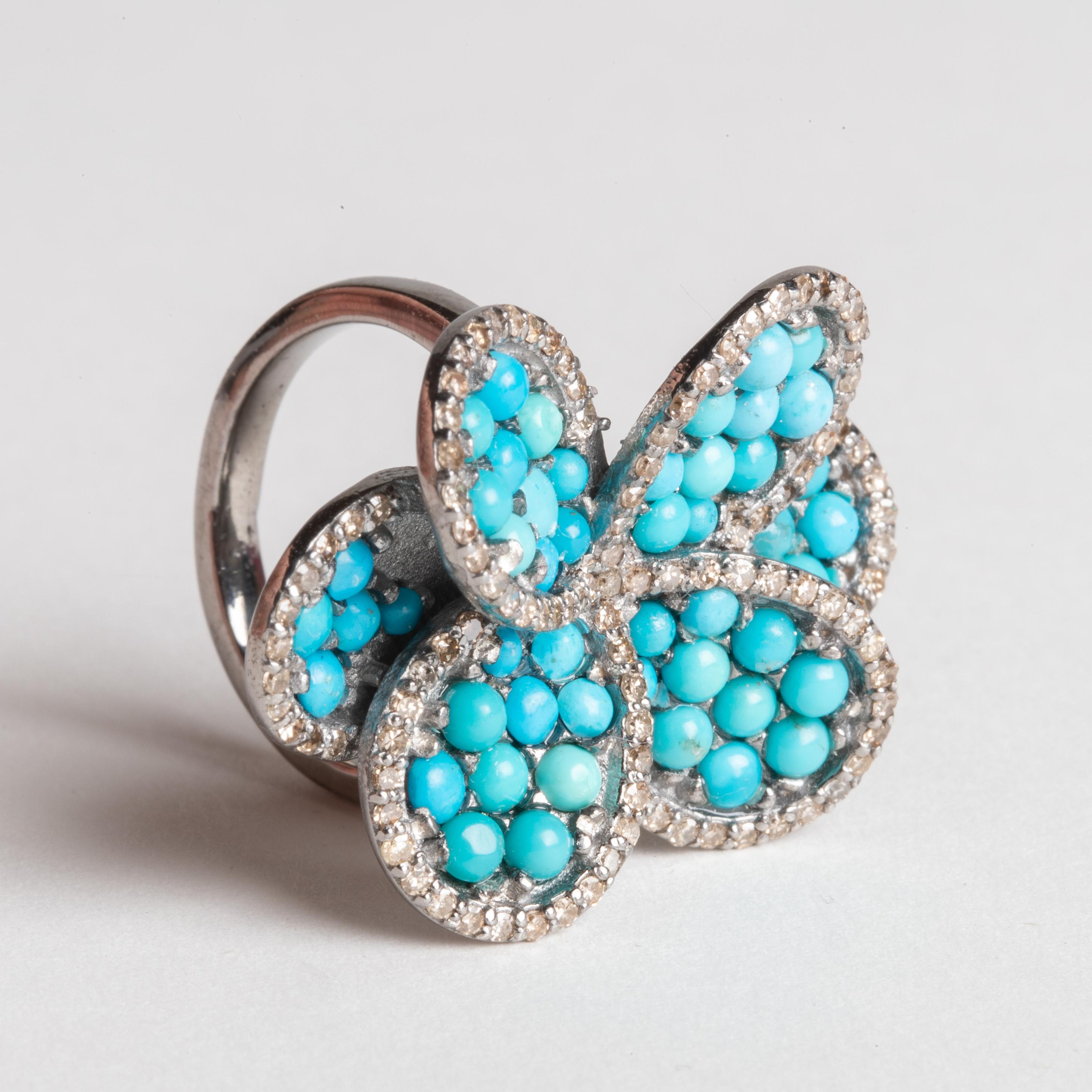 Women's or Men's Turquoise Flower Cocktail Ring with Pave`-Set Diamonds