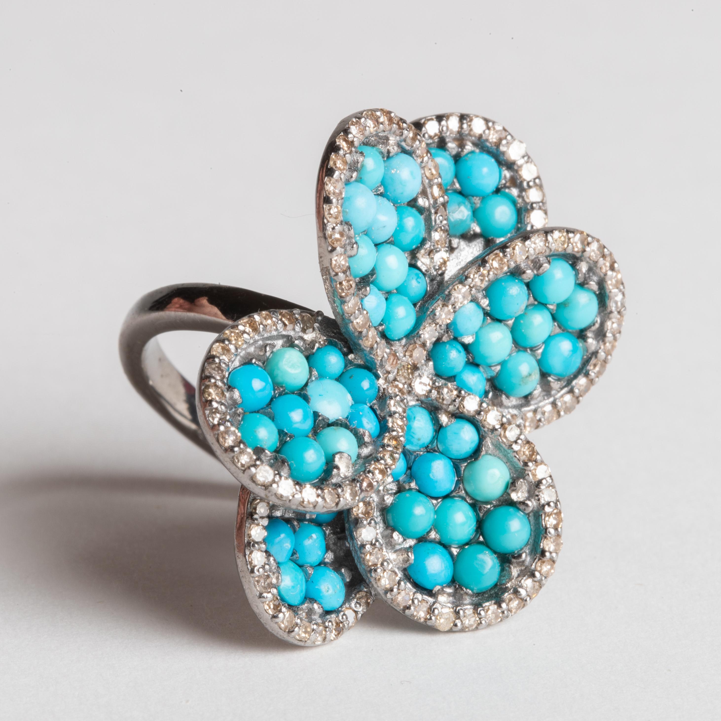 Turquoise Flower Cocktail Ring with Pave`-Set Diamonds 1